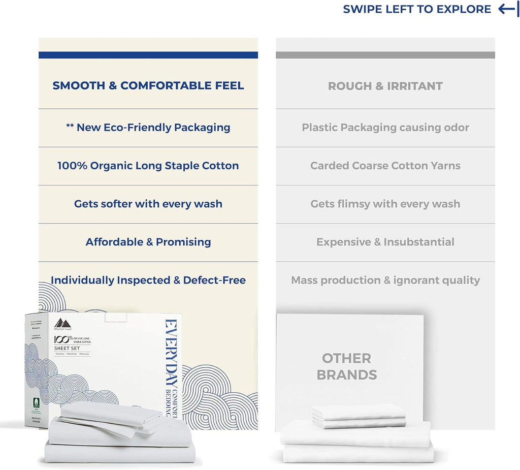Mayfair Linen 100% Organic Cotton Sheets King Size - 4 PC Organic Cotton Percale Sheets King Set (Light Grey), Soft, Cooling & Breathable…