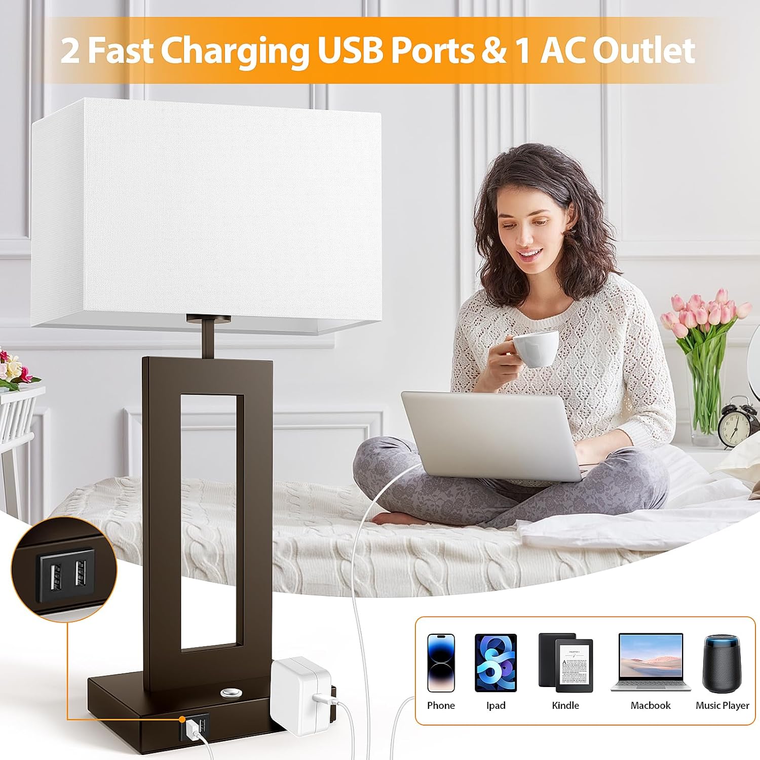 27.2’’ Tall Brown Table Lamps for Living Room Bedroom, Bedside Touch Control Lamps with 2 USB Ports&AC Outlet, 3 Color Temp.&Stepless…
