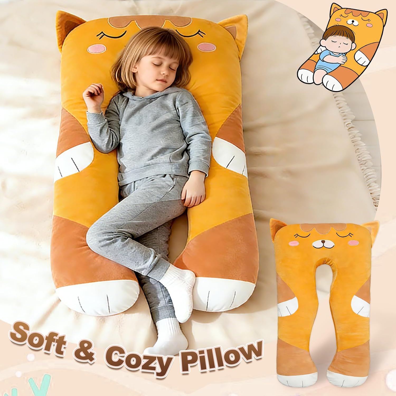47x23 inch U Shaped Long Plush Body Pillows for Kids, Stuffed Animal Cat Soft Large Pillow for Sleeping, Big Cute Plushies, Washable…