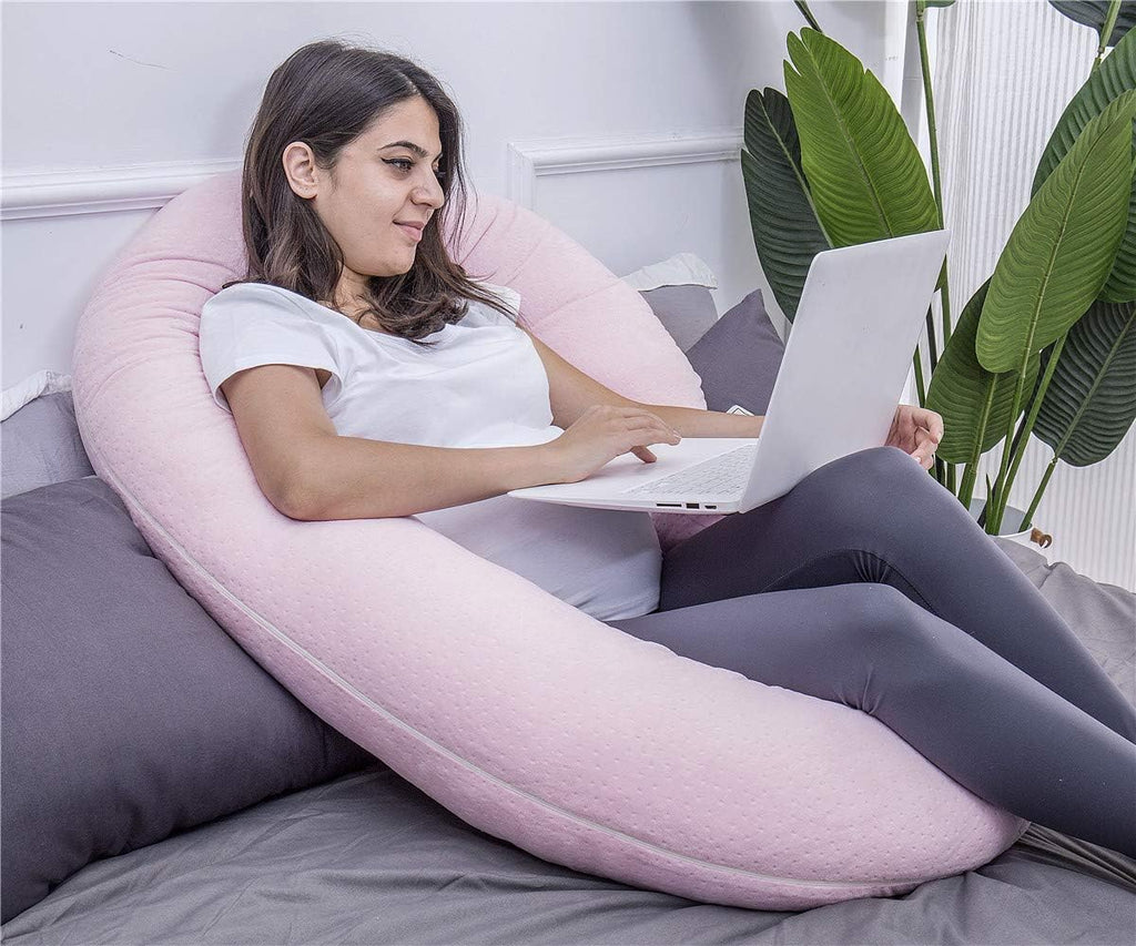 1 MIDDLE ONE Pregnancy Pillow, C Shaped Body Pillow for Maternity Support, Pregnant Women Sleeping Pillow with Velour Cover (Light Pink)
