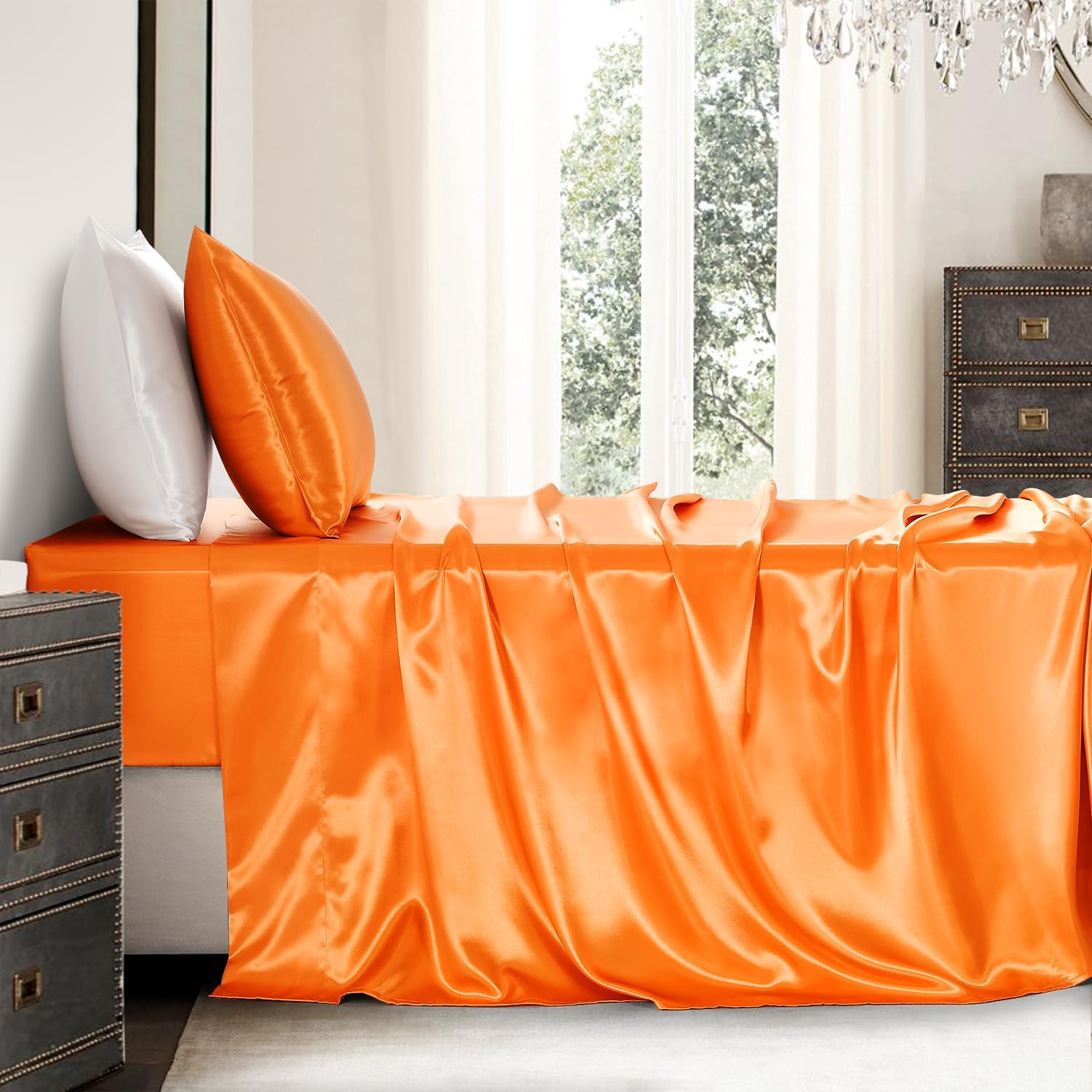 Golal Satin Sheets Twin XL Size - 3 Pieces Luxury Silky Soft Bed Sheets, Wrinkle-Free Burnt Orange Satin Silk Sheet Set with 1 Deep Pocket…