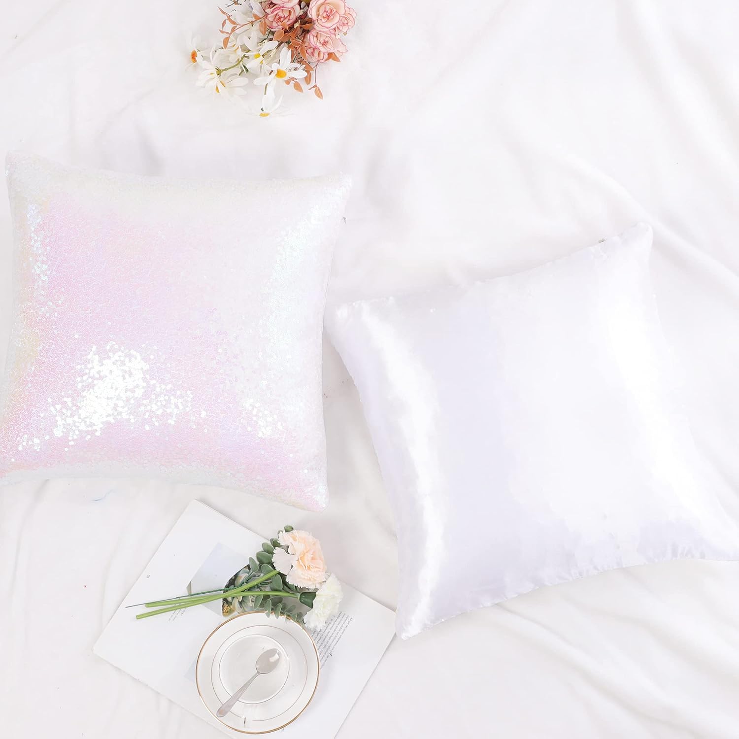 uxcell 2 Pcs Starry Pink Sequin Throw Pillow Covers, Shiny Sparkling Satin Sequin Cushion Covers, Decorative Pillowcases for…