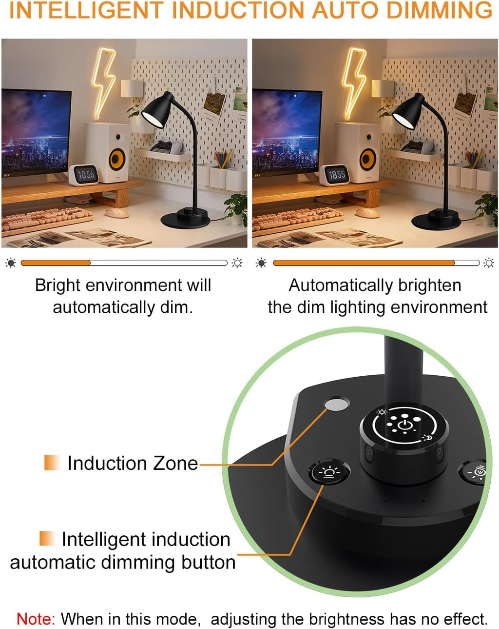 BOHON LED Desk Lamp with USB Charging Port 3 Color Modes Dimmable Reading Light Intelligent Induction Auto Dimming Task Lamp Neck…