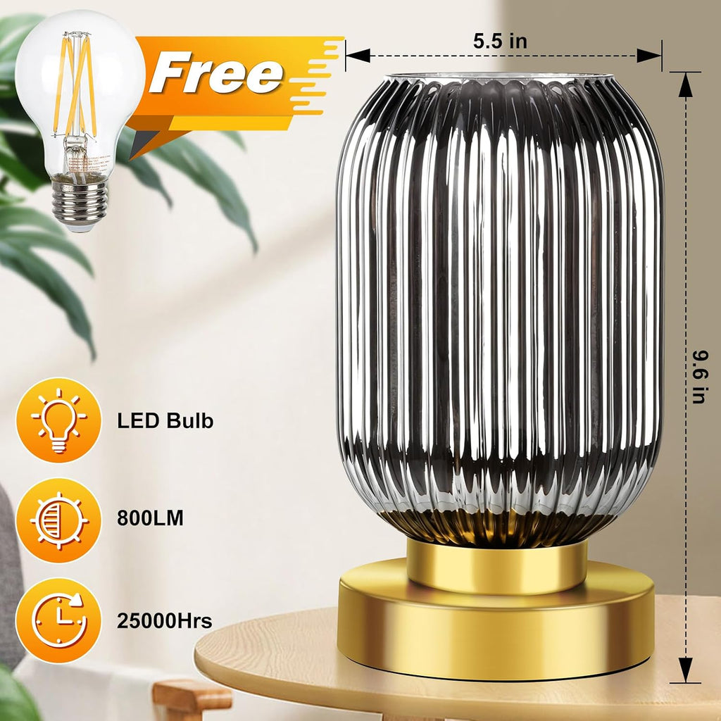 Ledikon Mid Century Modern Table Lamp with Smoke Grey Ribbed Glass Shade, Touch Control & 3 Way Dimmable, Small Gold, Vintage Bedside Lamp…