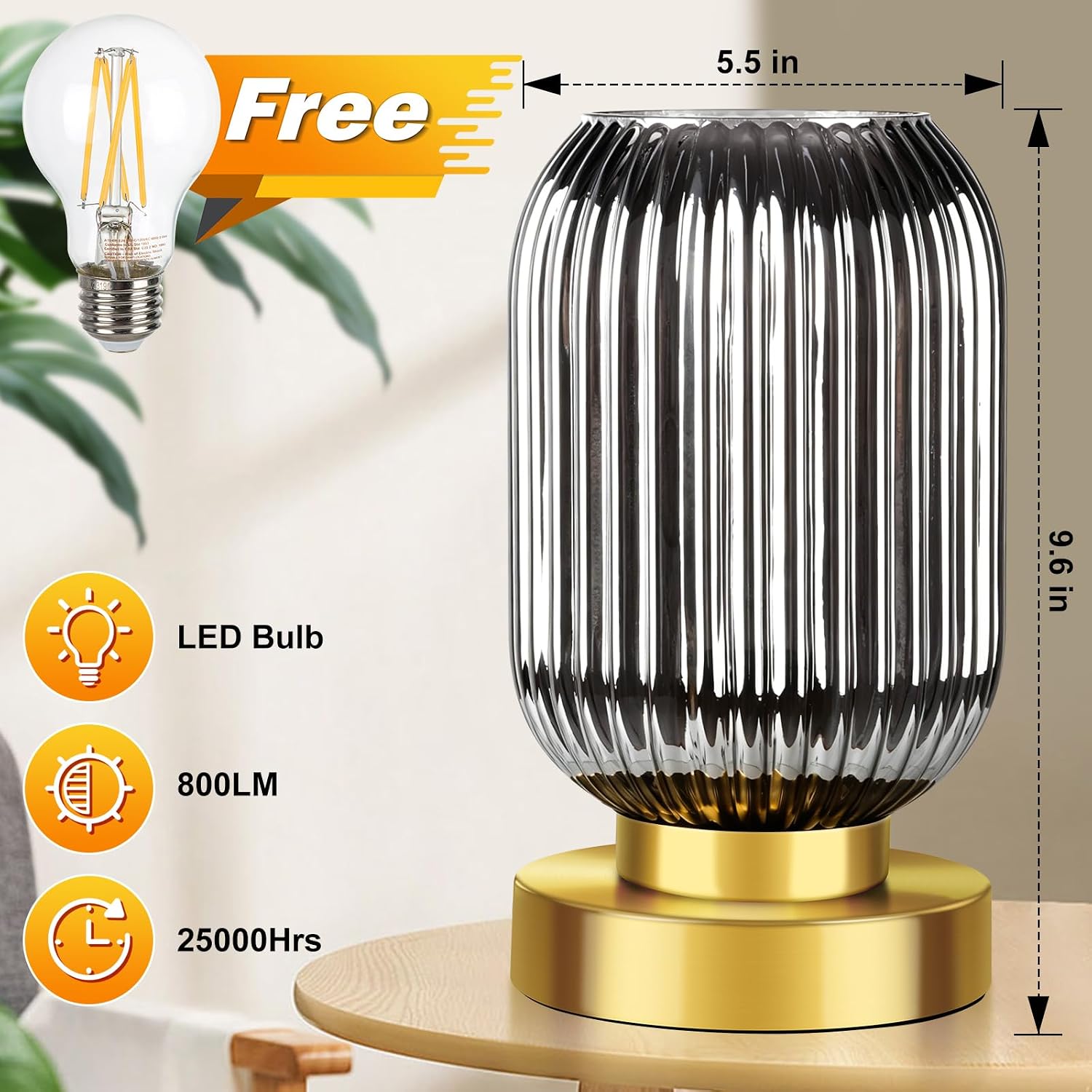 Ledikon Mid Century Modern Table Lamp with Smoke Grey Ribbed Glass Shade, Touch Control & 3 Way Dimmable, Small Gold, Vintage Bedside Lamp…