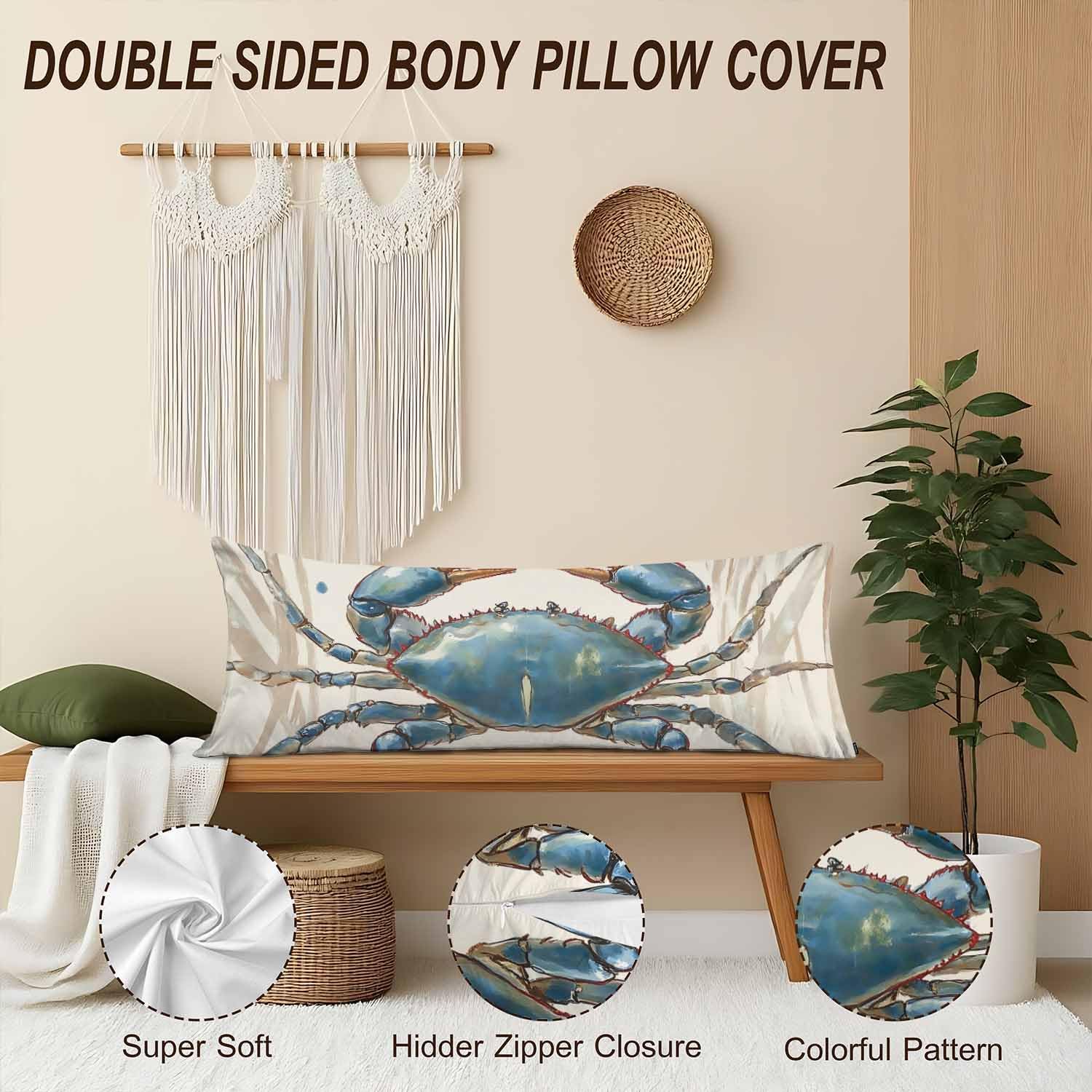 Crab Body Pillow Pillowcase, Ocean Beach Crab Sea Retro Body Pillow Cushion Covers, 20x54 Inch Bedding Body Pillows Protector Large…