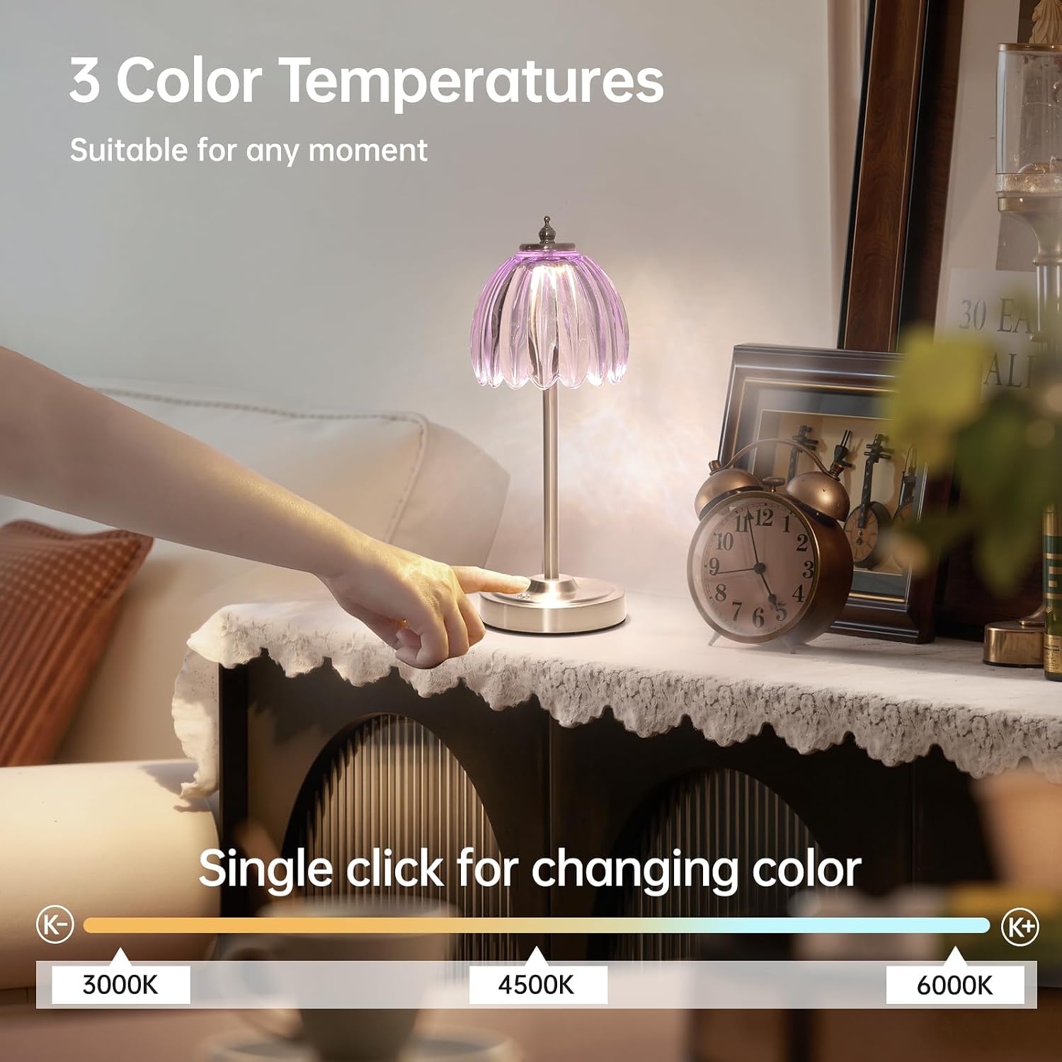 Shenmoyl Tulip Table Lamp with 5200mAh Battery & Touch Control, Cordless Small Table Lamp with 3 Colors, Dimmable Rechargeable Table…