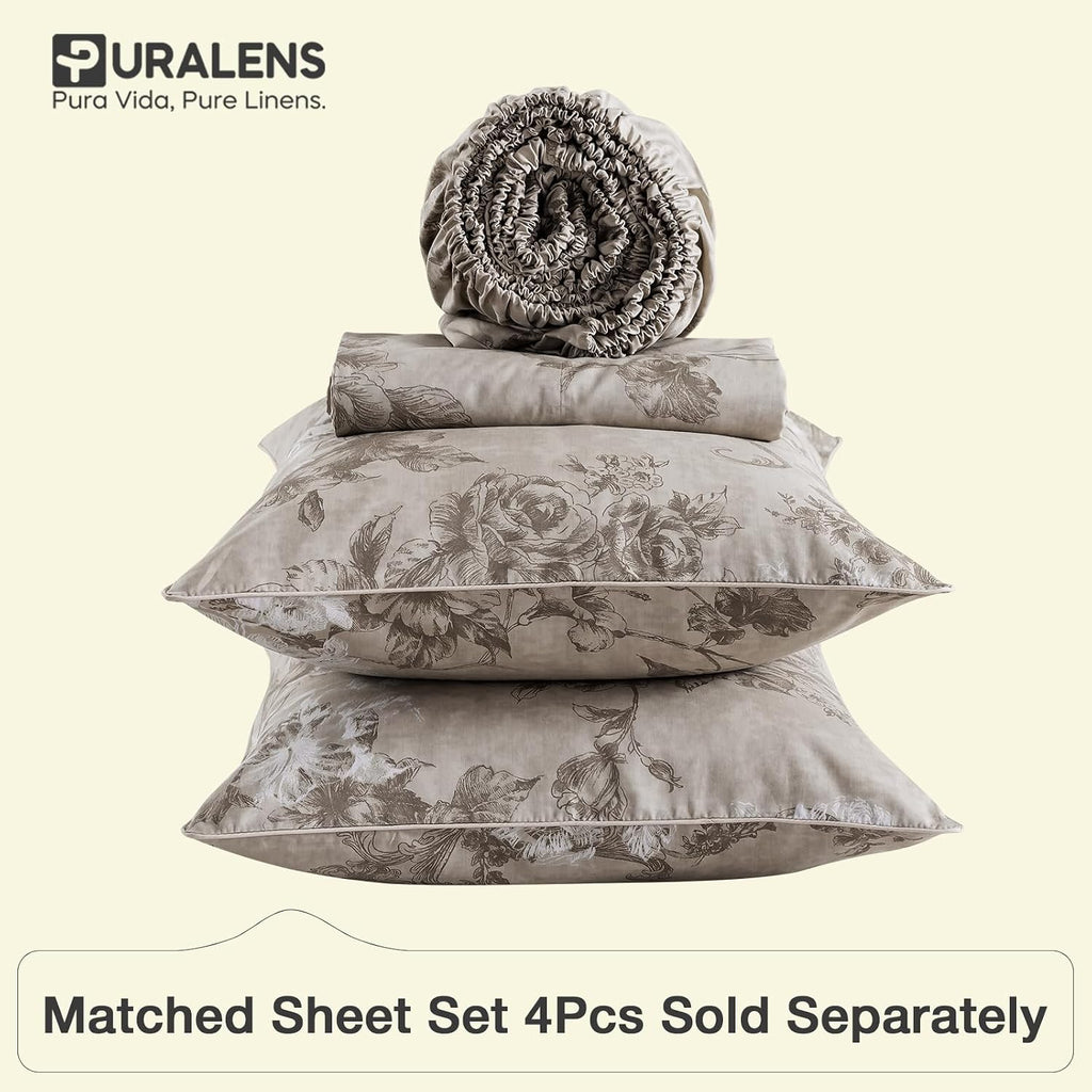 Puralens Dark Beige Moody Floral Duvet Cover, Queen 100% Cotton Percale Neutral Flower Patterned Comforter Cover Set, French Country Soft C…