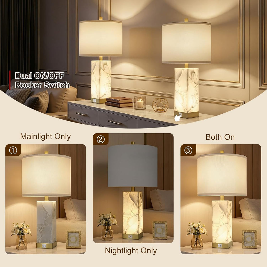 Scenekoy 23" Alabaster Table Lamps Set of 2 for Living Room Bedroom, Bedside Lamps with USB A+C Ports, Modern Table Lamp with Linen Shade…