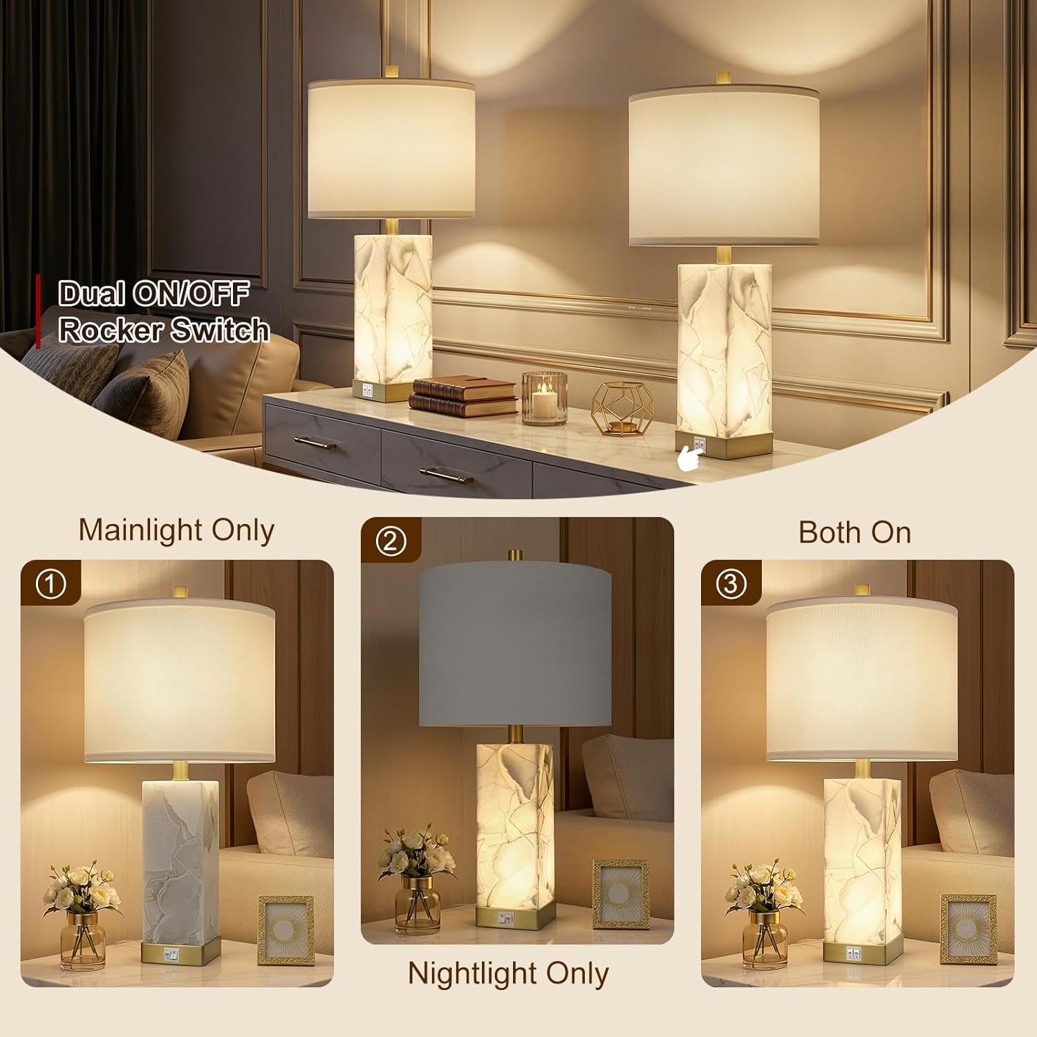 Scenekoy 23" Alabaster Table Lamps Set of 2 for Living Room Bedroom, Bedside Lamps with USB A+C Ports, Modern Table Lamp with Linen Shade…