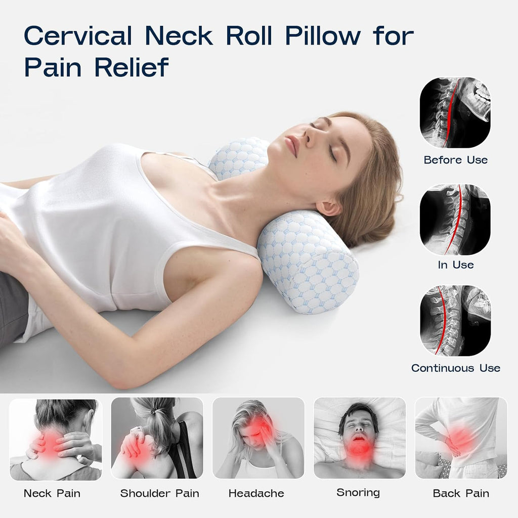 Forcanby Neck Roll Pillow for Neck - Memory Foam Neck Support Pillow for Bed | Round Neck Pillow for Sleeping, 15.7 * 6 * 6 inch (Cool-Blue…