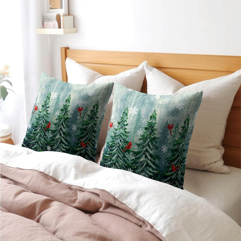 Watercolor Tree Throw Pillow Cover 24x24 inch Set of 2 Christmas Dark Green Trees Pillowcases Winter Red Bird Snowflake Decorative…