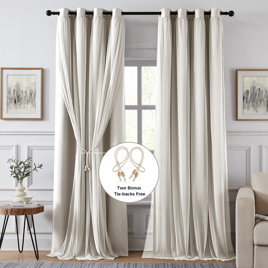 Swandream Blackout Curtains for Bedroom, Double Layer Beige Curtains, Black Out Curtain 72 inch Long with Sheer Overlay for Living Room, Ro…