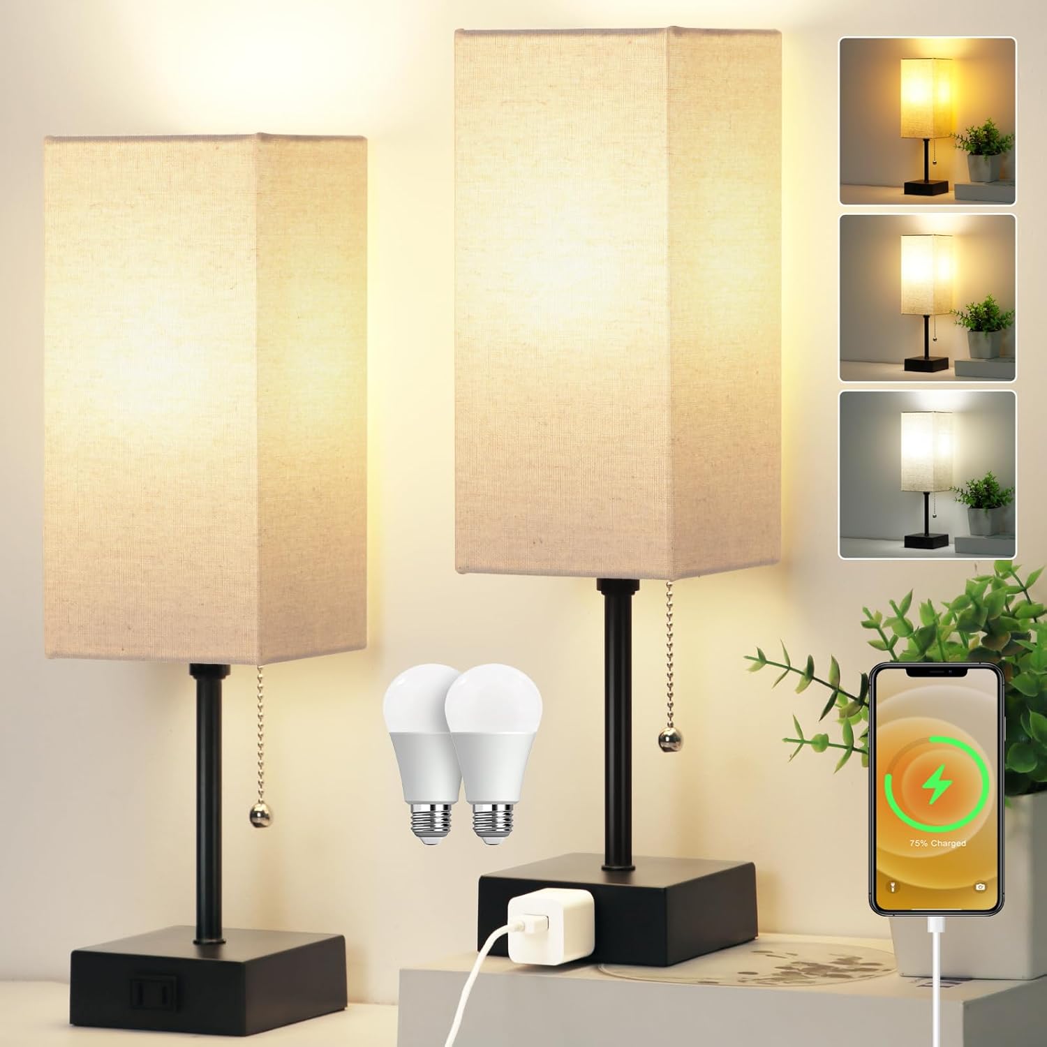 15'' Table Lamp for Bedroom set of 2,3-Color Bedside Lamps with Pull Chain Table Lamps for Night stands with AC Outlet, Small Night Light…