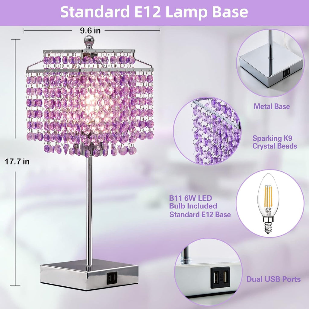 Luvkczc Purple Bedside Crystal Table Lamp Set of 2, Touch Control Lamps, Dimmable Lamp with Crystal Shade for Bedroom, Girl Living Room…