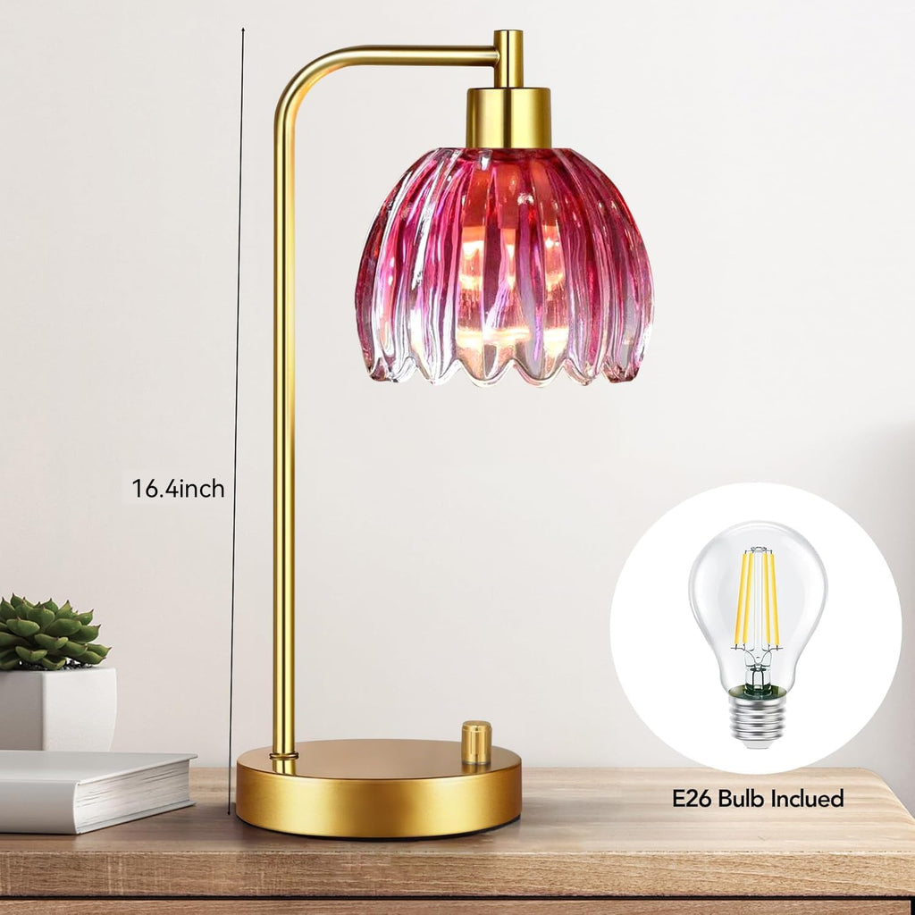 ILLMTW Pink Table Lamp Set of 2, Small Gold Bedside Lamps Dimmable Boho Bedroom Lamp with Tulip Flower Glass Lamp Shade, Vintage Mid…
