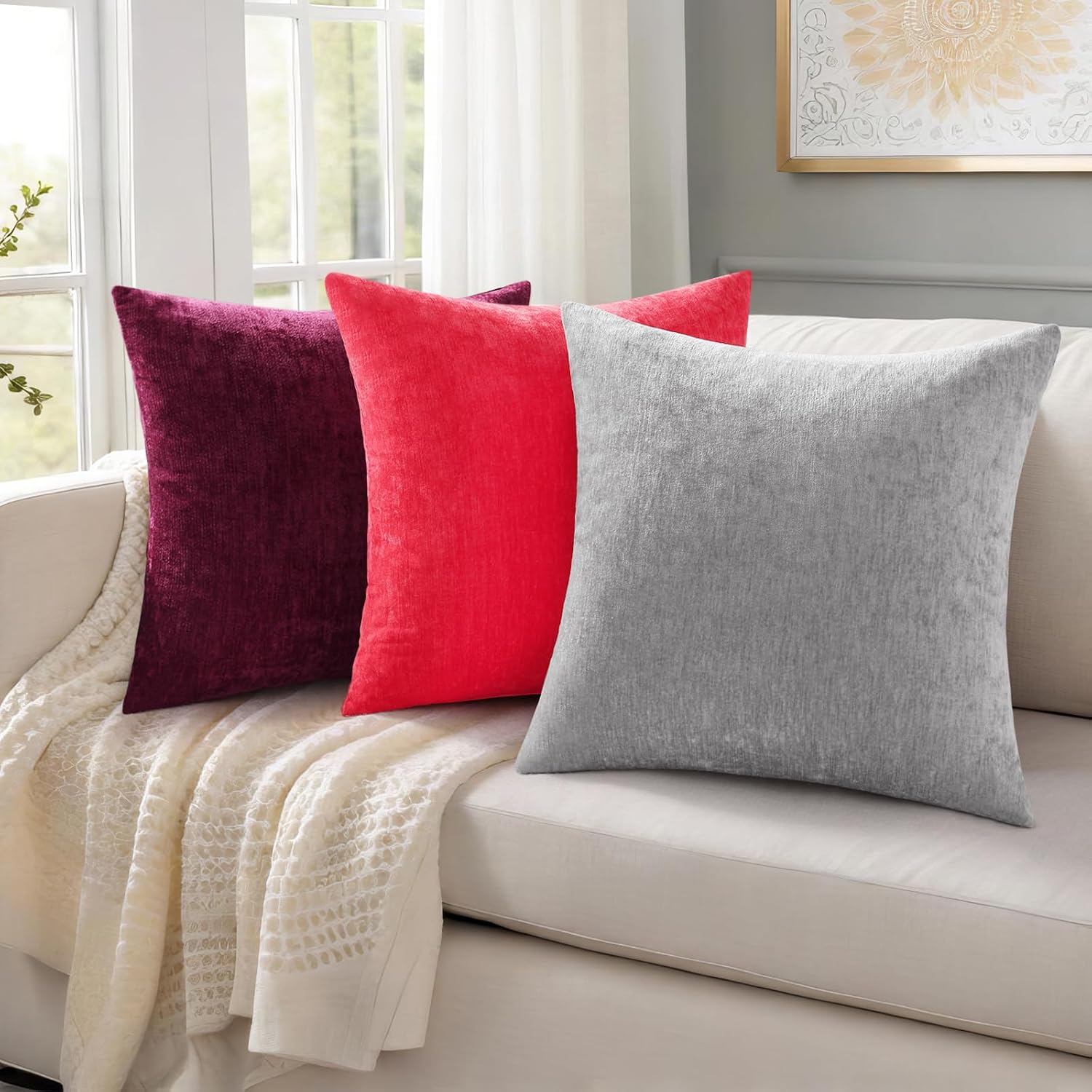 decorUhome Chenille Grey Throw Pillow Covers 16x16 Inch Set of 2, Decorative Soft Couch Pillow Covers Solid Dyed Accent Farmhouse Neutral S…