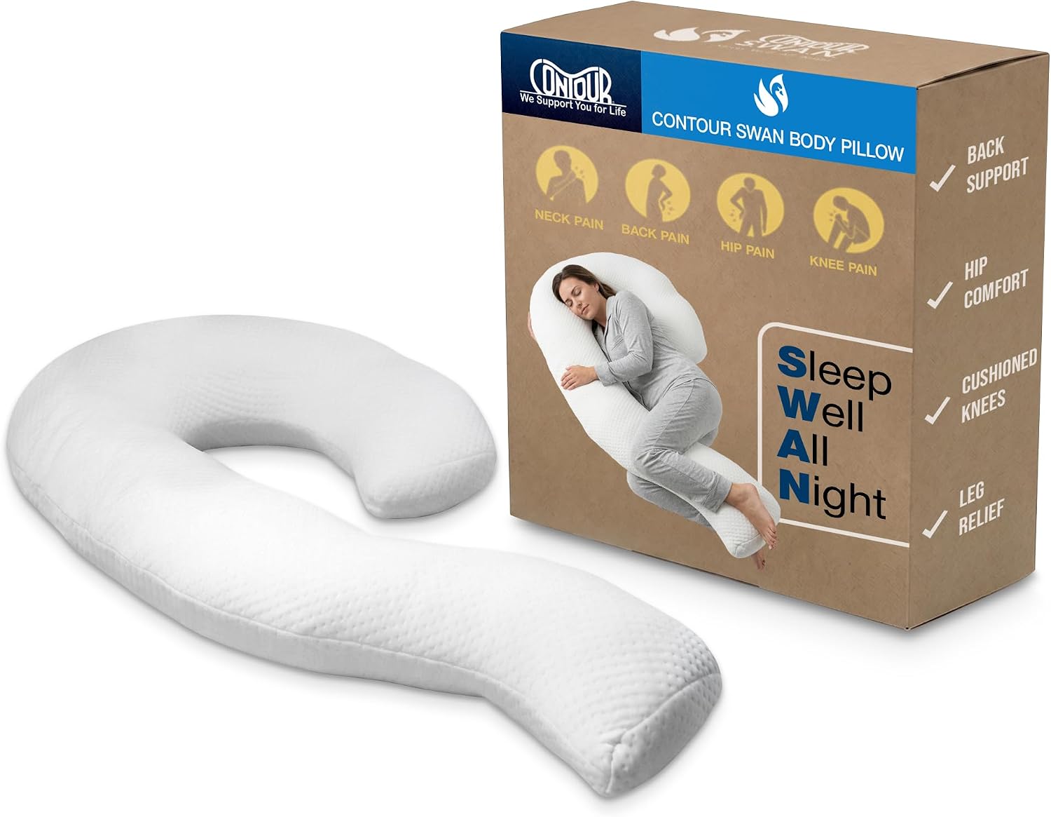 Contour Swan Original Body Pillow | Cozy, Huggable Pillow for Back, Hip, Knee, and Leg Relief | Total Comfort and Support for Side…