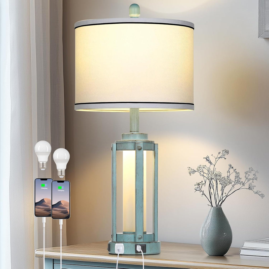 Industrial Farmhouse Table Lamp, 26" Vintage Rustic Beside Lamp with USB A+C Charging Ports & AC Outlet, Nightstand Metal Lamp with LED…