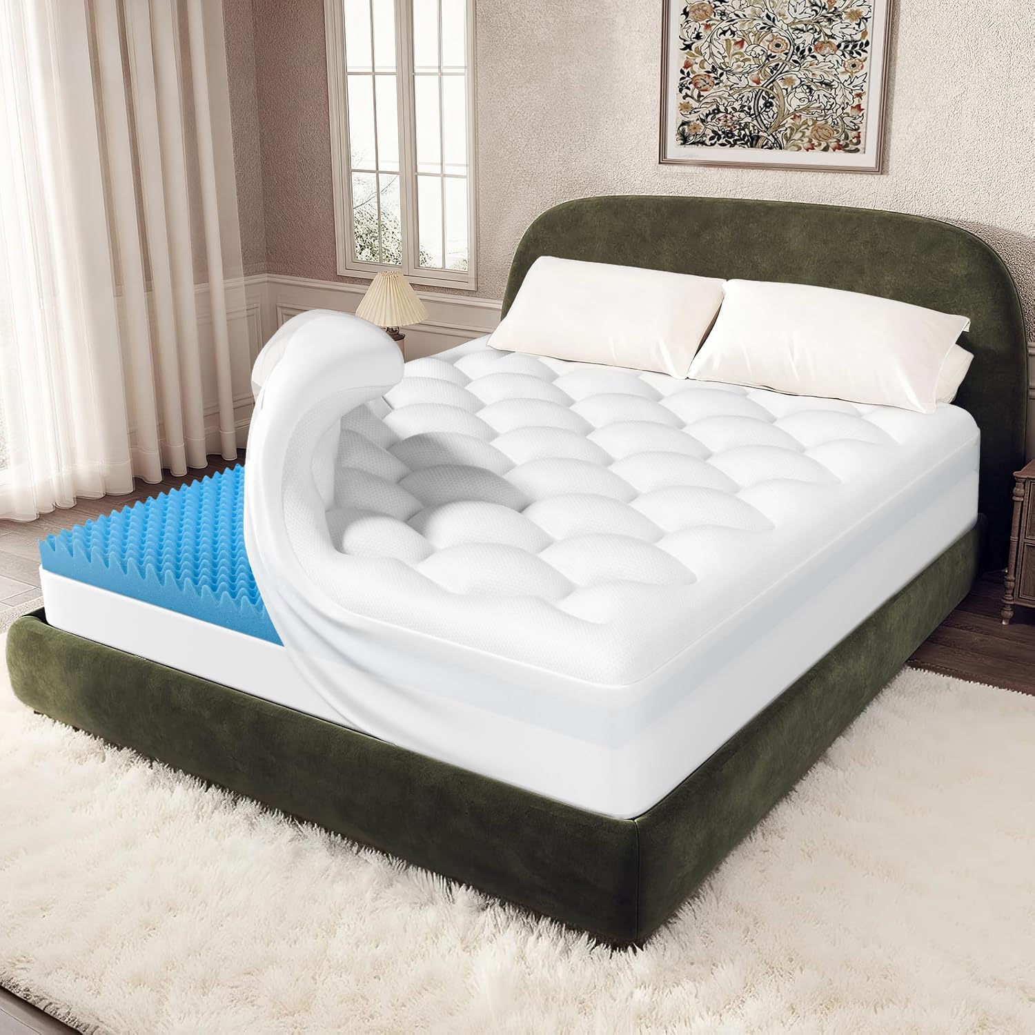 OhGeni Cooling 5 lnch Queen Size Dual Layer Mattress Topper, 3 Inch Egg Crate Gel Memory Foam, 2 Inch Pillow Top Pad, Bedroom Essentials Ma…