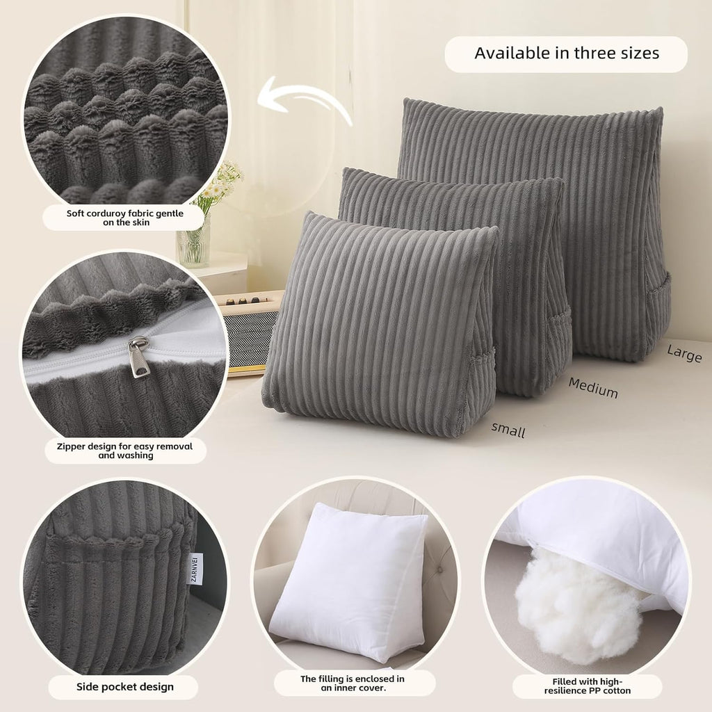 Corduroy Wedge Reading Pillow for Bed, 3 Sizes, 4 Colors for Bed, Sofa, Office Chair (Grey, Large 24 * 20 * 8in)