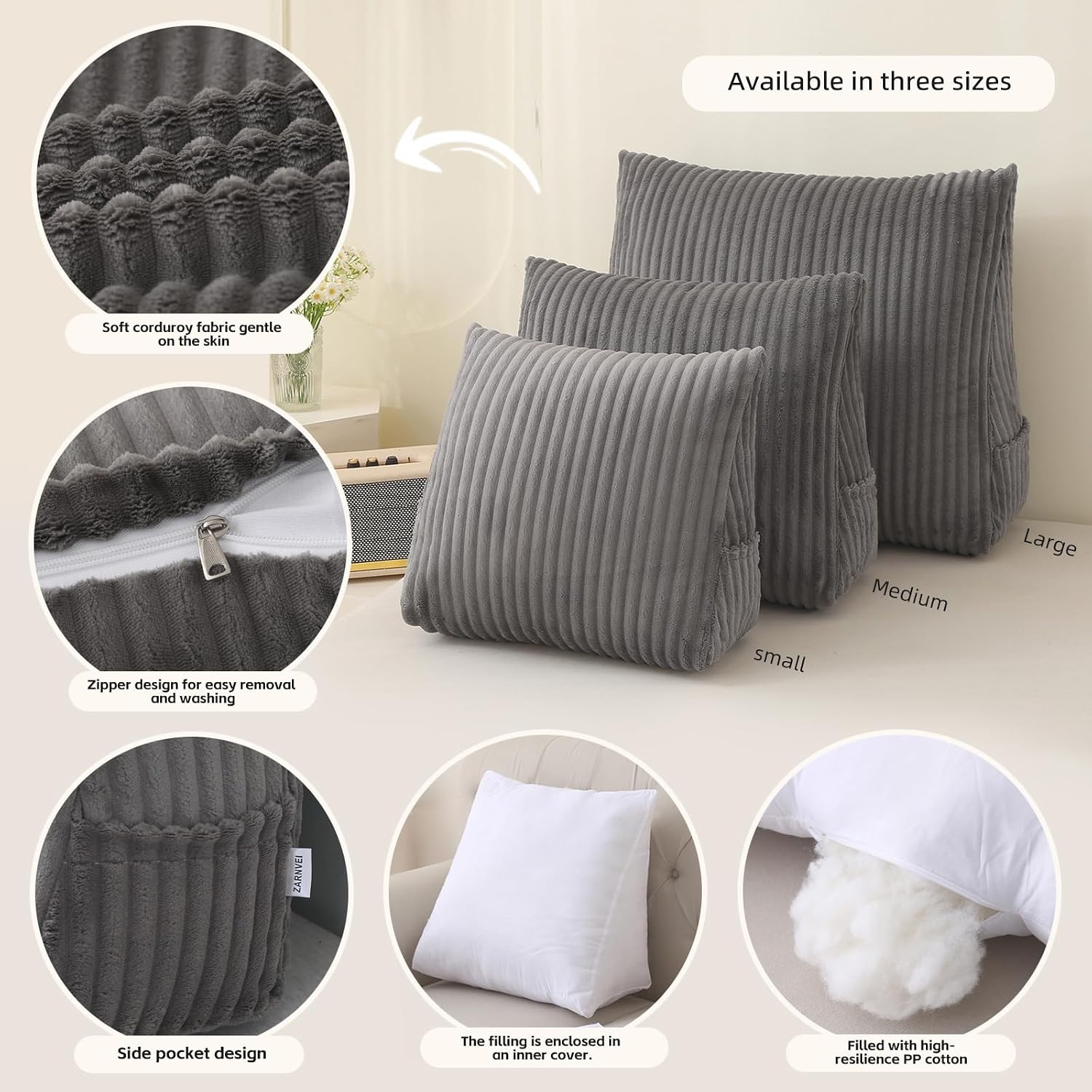 Corduroy Wedge Reading Pillow for Bed, 3 Sizes, 4 Colors for Bed, Sofa, Office Chair (Grey, Large 24 * 20 * 8in)