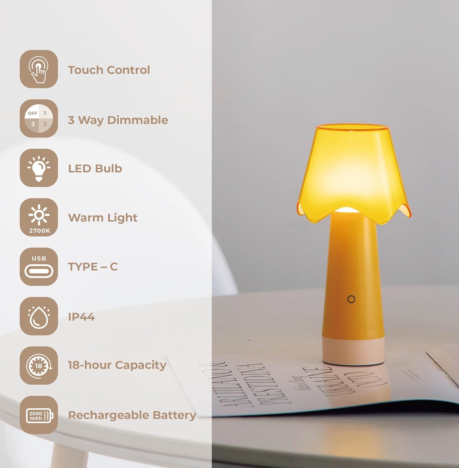 Owlpack Fungo Cordless LED Lamp with Adjustable Dimmer - Orange