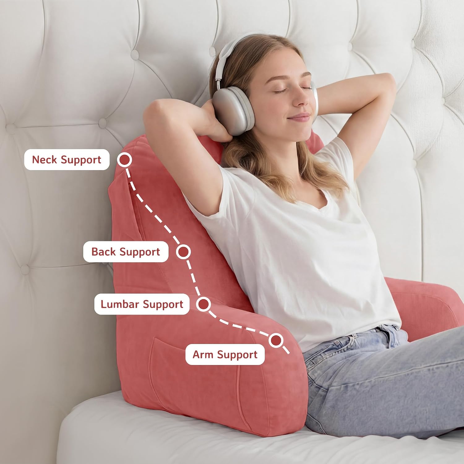 Unisakey Portable Comfy Reading Pillows for Bed Sitting Up(Dark Pink Oeko-Tex), Velvet Back Pillow with Arms & Pockets for Adults…