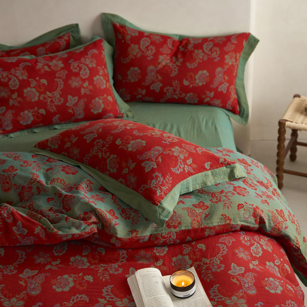 mixinni Exquisite Vintage Red Floral Duvet Cover Queen Size Yarn-Dyed Jacquard Textured Design Duvet Cover Set with Green Edge Design Musli…