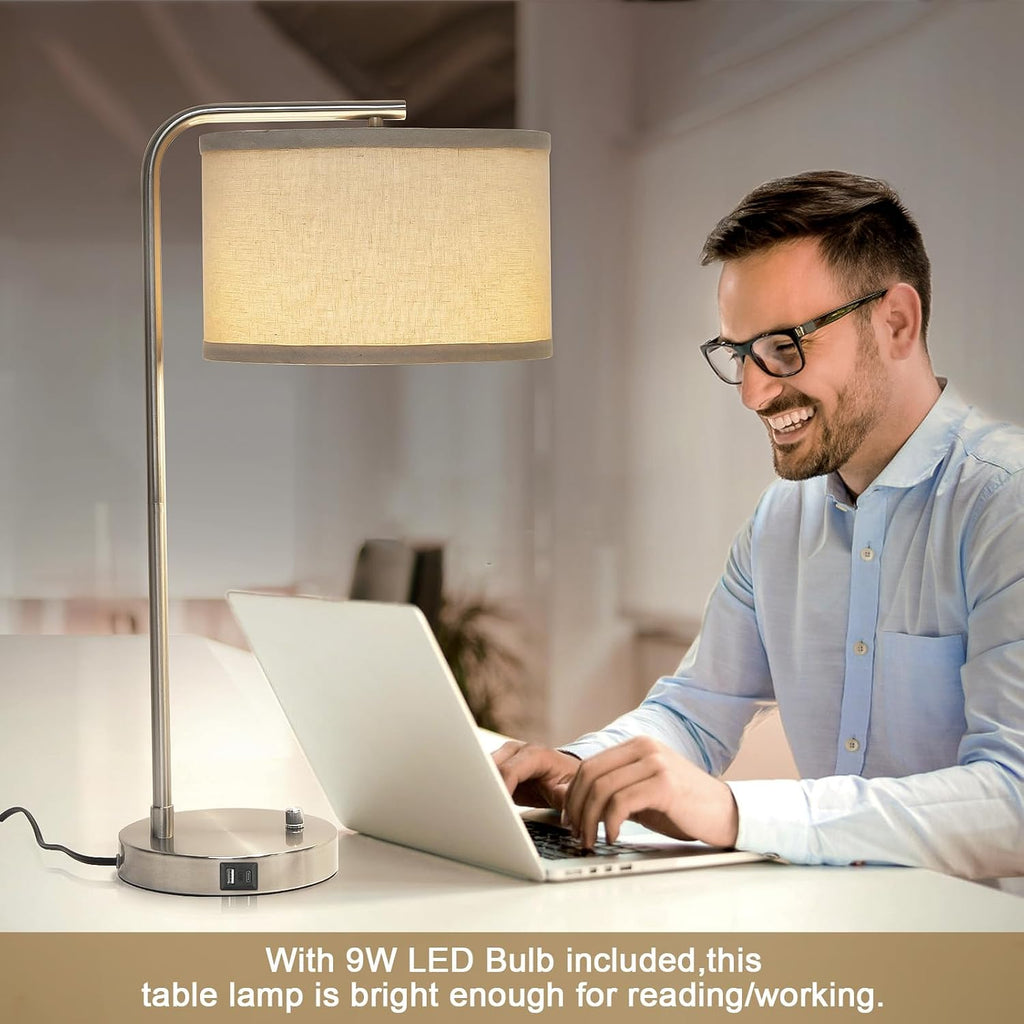 Table Lamp for Living Room, Modern Bedside Lamp with USB C+A Ports, Fully Dimmable Nightstand Lamp with Beige Drum Shade, Silver Finish…