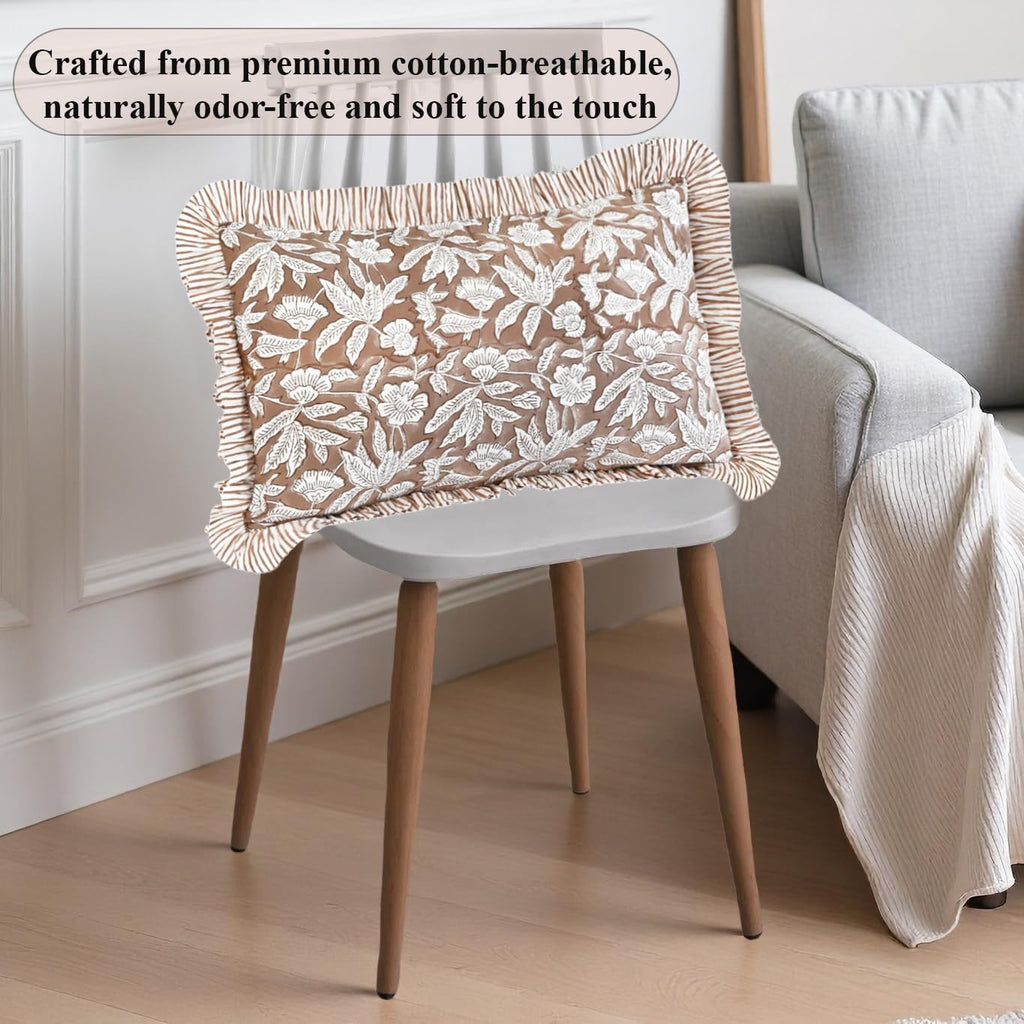 Ridhi Block Print Oak Brown 20"x12" Set 1-100% Cotton Ruffle Lumbar Sham Cover Boho Floral Pillowcase, Farmhouse Cottagecore Bedding…