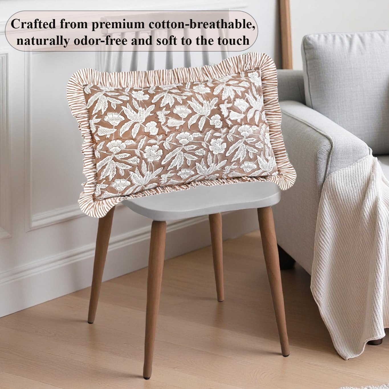 Ridhi Block Print Oak Brown 20"x12" Set 1-100% Cotton Ruffle Lumbar Sham Cover Boho Floral Pillowcase, Farmhouse Cottagecore Bedding…
