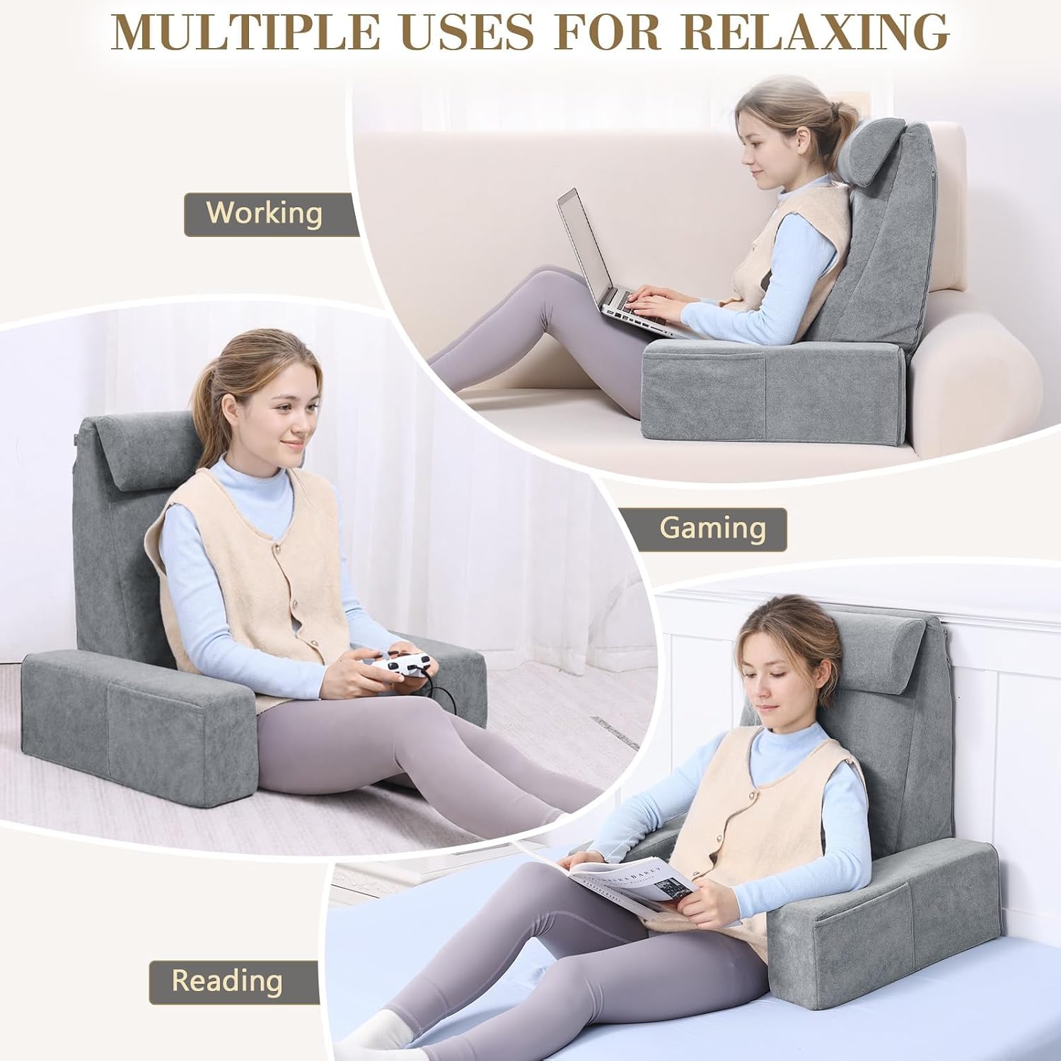 Bed Pillow for Sitting Up in Bed, 25” Ergonomic Reading Pillow with Adjustable Headrest & Arms, Dual Layer Memory Foam Back Pillow, Soft…