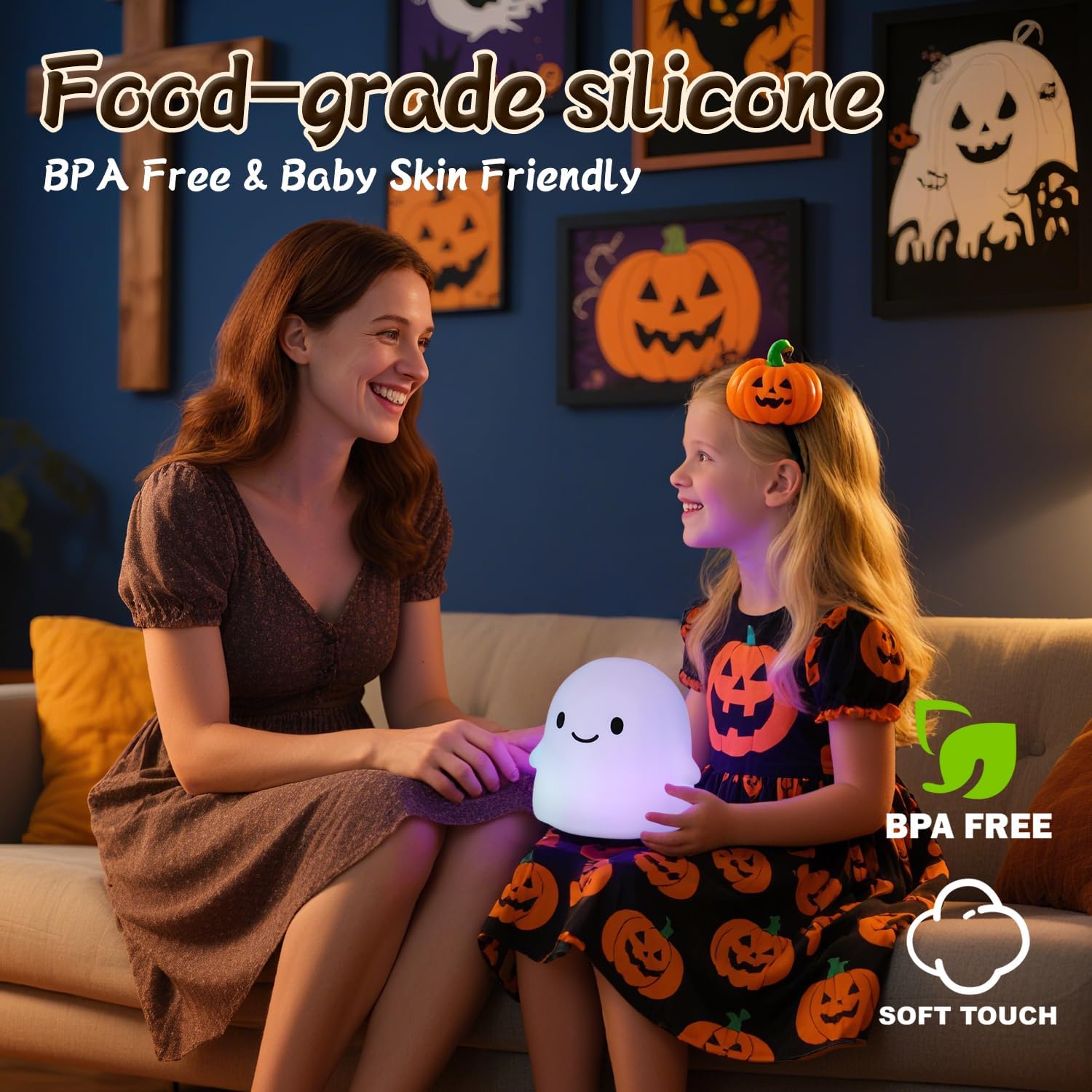 Ghost Night Light Color Changing, Cute Cloud Decor with Colors & 50Hrs, Tap Control Light Up Ghost for Kids, Rechargeable Halloween…
