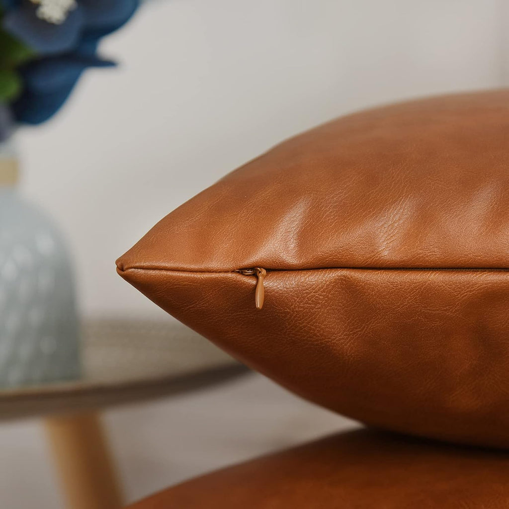 Tosewever Faux Leather Throw Pillow Covers, 18 x 18 inch Set of 2 Luxury Cognac Brown Modern Pillowcases Solid Decorative Square Cushion Ca…