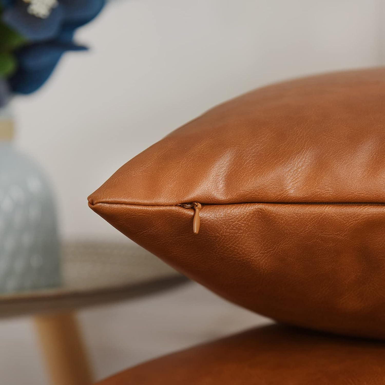 Tosewever Faux Leather Throw Pillow Covers, 18 x 18 inch Set of 2 Luxury Cognac Brown Modern Pillowcases Solid Decorative Square Cushion Ca…