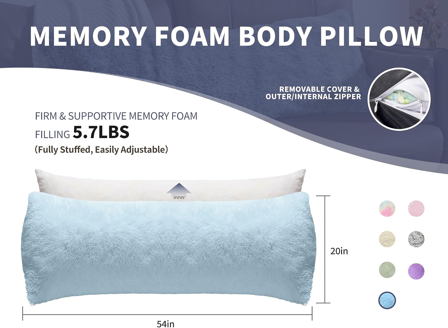 Wsofrlac Thin Neck Pillow for loft Bed 20x54 Adjustable Back Decorative Pillows for Bed Blue Snuggle Pillows for Adults with Large Body Pil…
