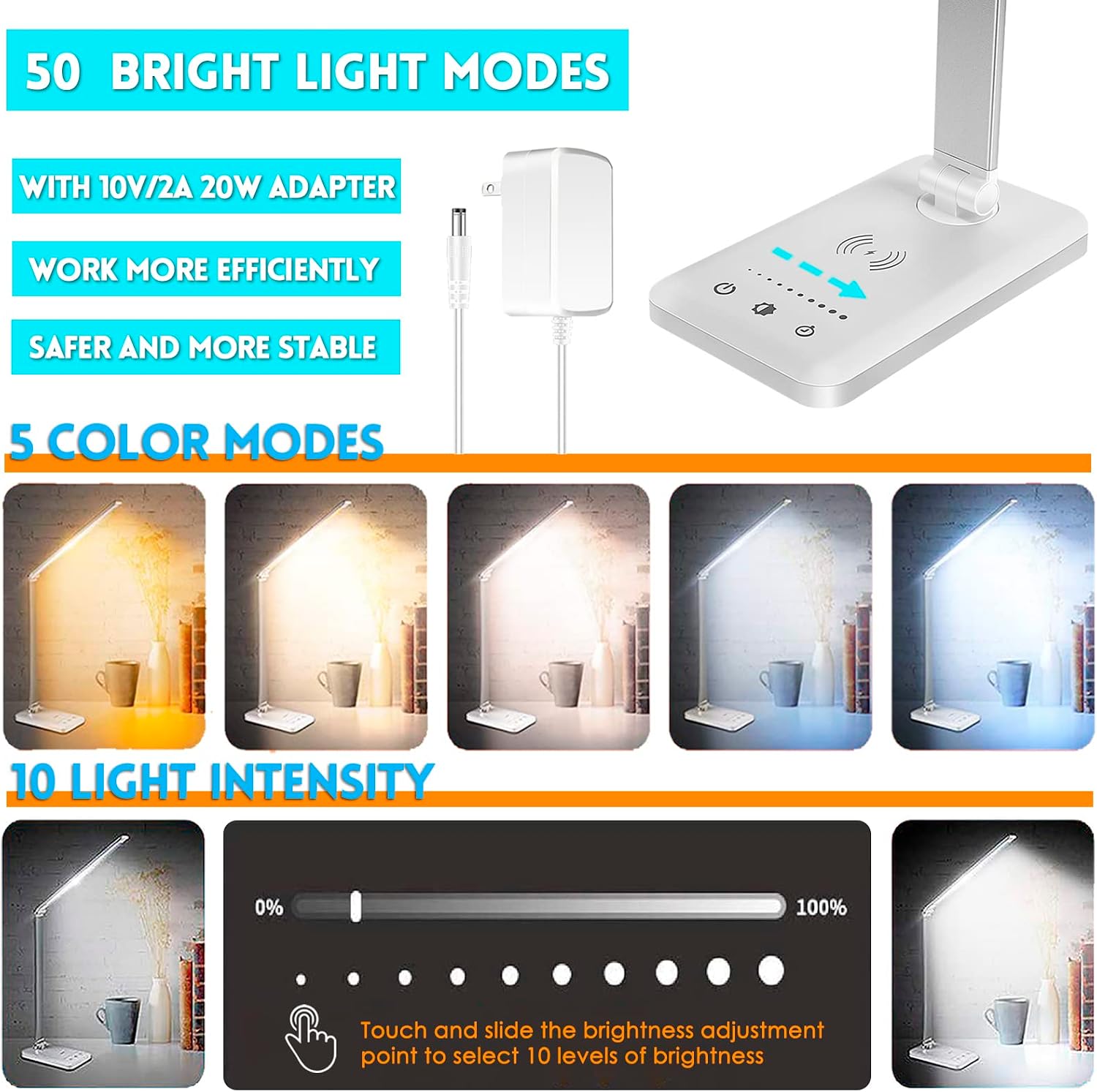 Jostic LED Desk Lamp with Wireless Charger, USB Charging Port, Desk Light with 10 Brightness, 5 Color Modes, Dimmable Eye Caring Reading De…
