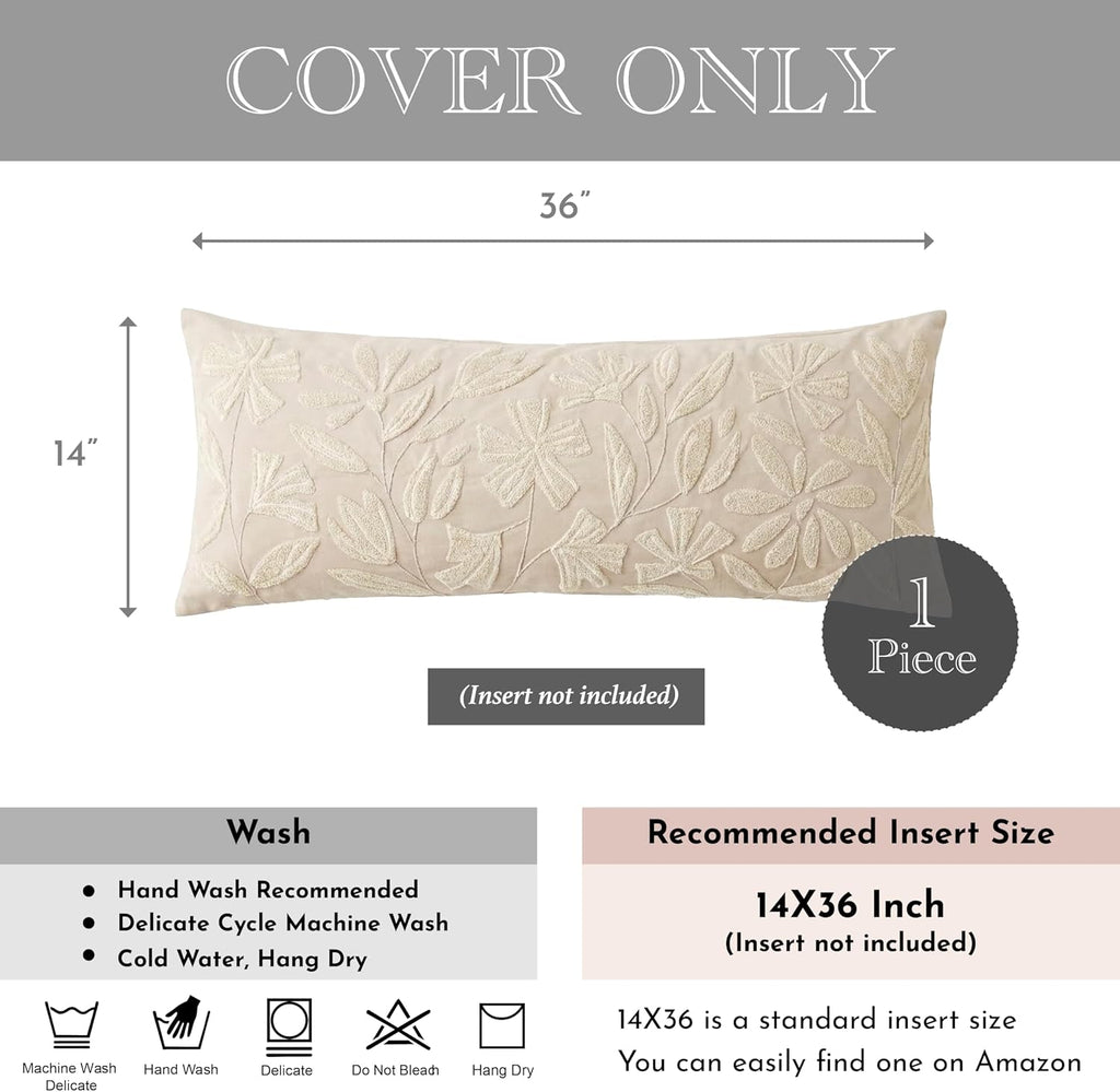 BlissBlush 14x36 Lumbar Pillow Cover for Bed, Rectangular Decorative Long Throw Pillowcase, Embroidered Farmhouse Accent Cushion, Beige…