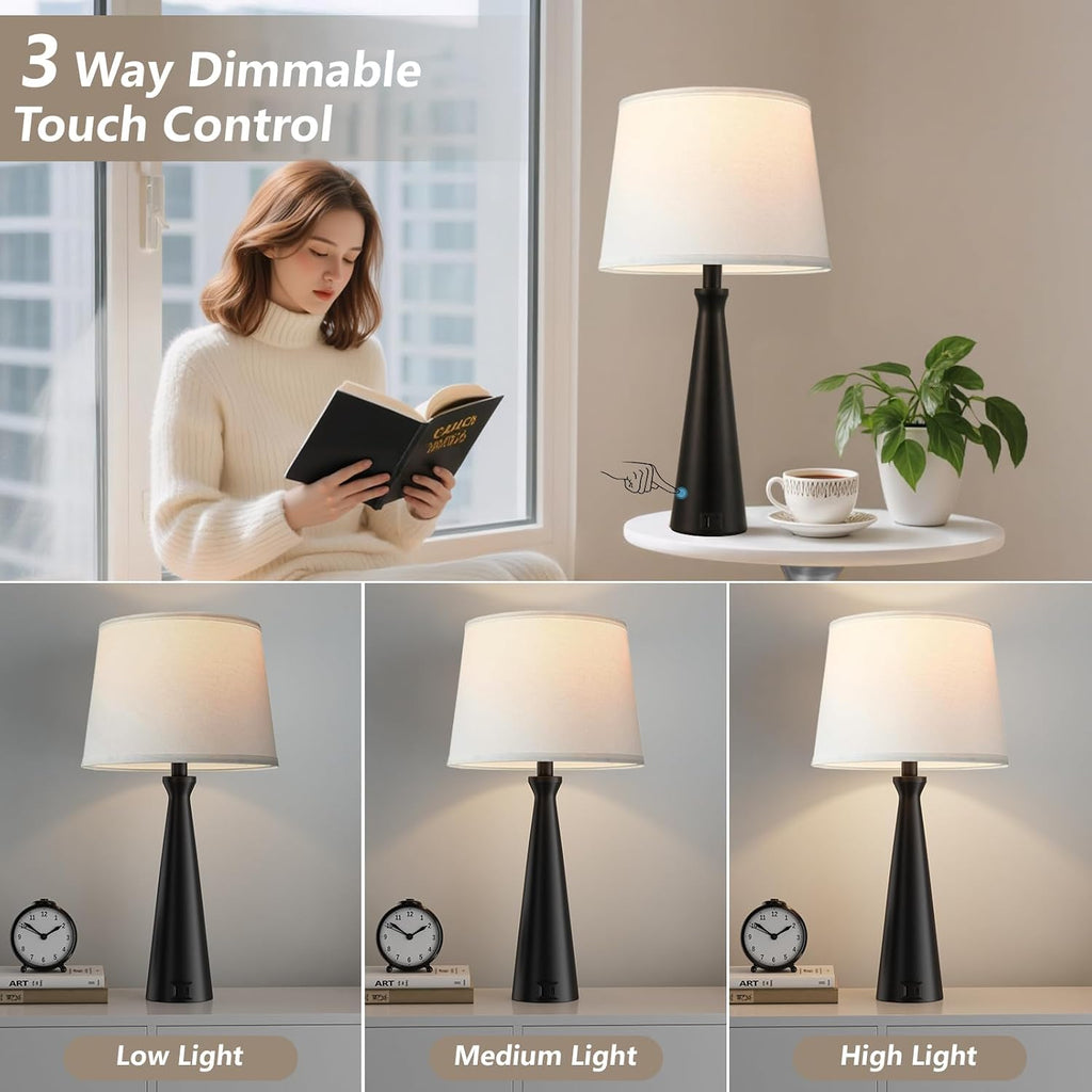 Seealle Modern Table Lamps Set of 2 - Touch Bedside Lamp for Nightstand with Dual USB C+A,3-Way Dimmable Black Nightstand Lamps for…