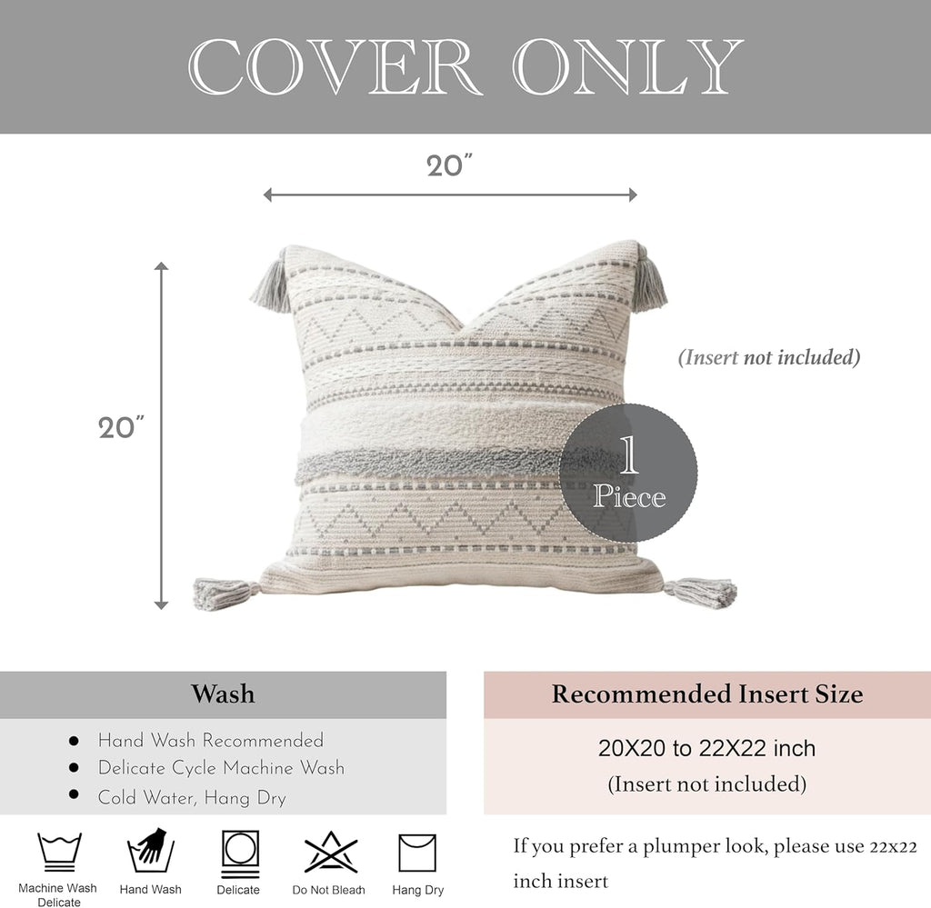 BlissBlush 20X20 Throw Pillow Cover, Cream Neutral Square Decorative Cushion Cover with Gray Pattern, Boho Accent Pillowcase with Tufted…