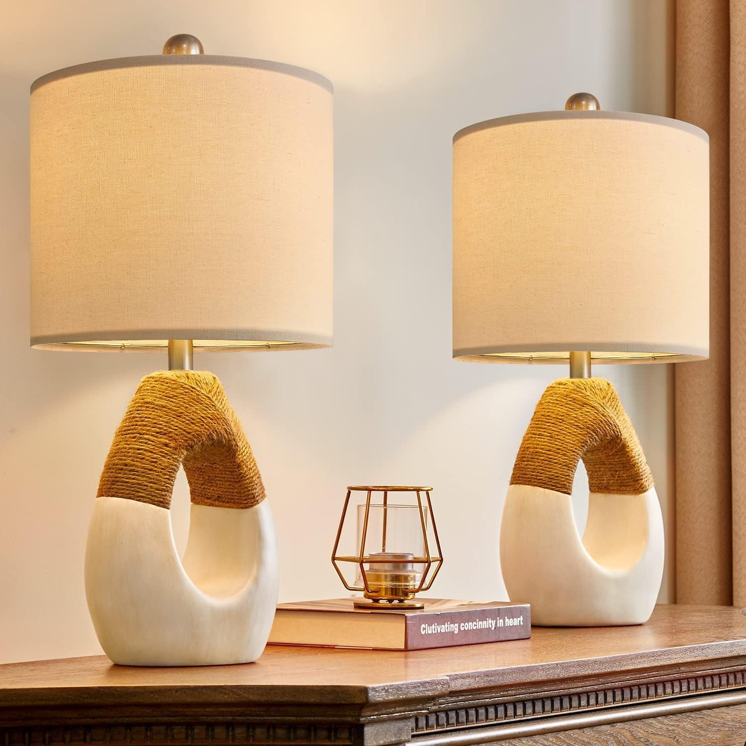 OYEARS 19'' Small Boho Table Lamps for Bedroom Set of 2, Farmhouse Rattan Bedroom Lamps for Living Room Rustic Home Decor, Nightstand…