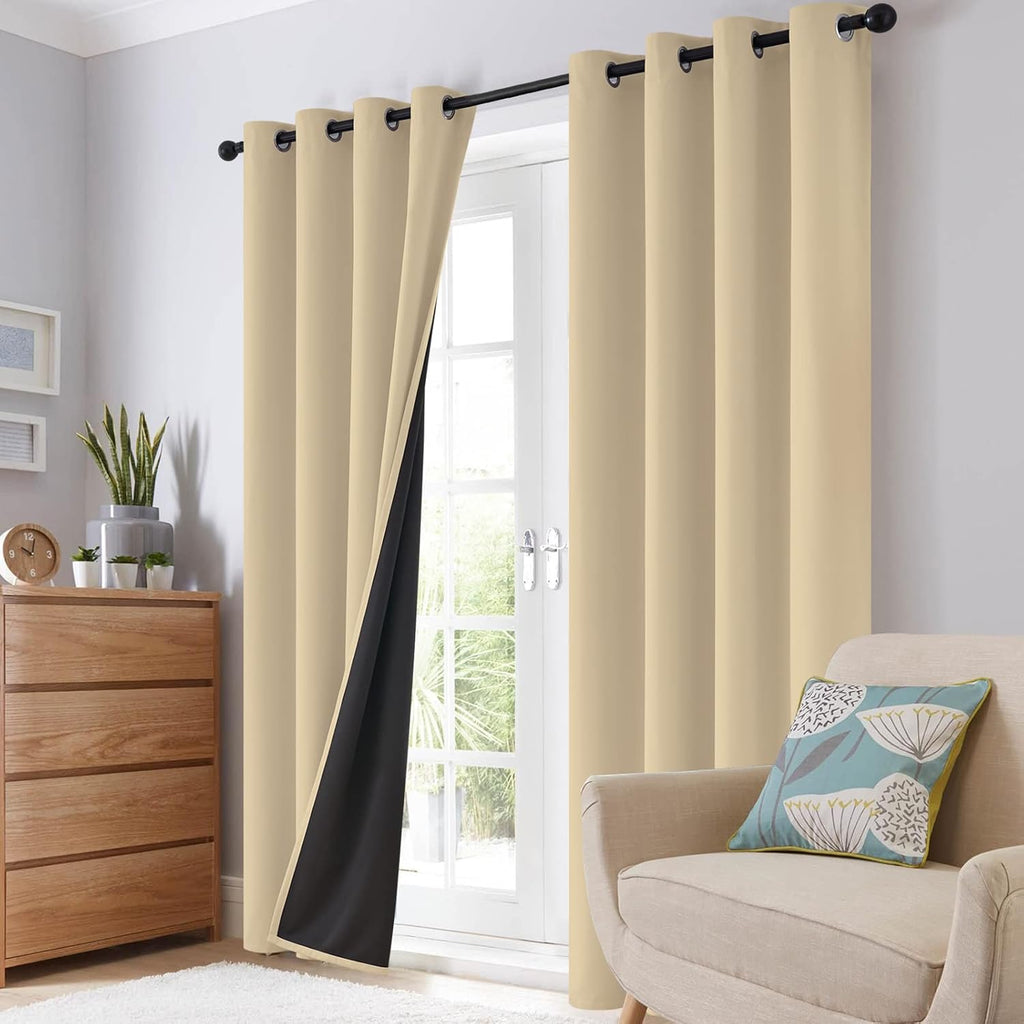 SimpleHome 100% Blackout Curtains for Bedroom, Thermal Insulated Grommet Window Drapes Room Darkening Beige Curtains for Living Room with Bl…