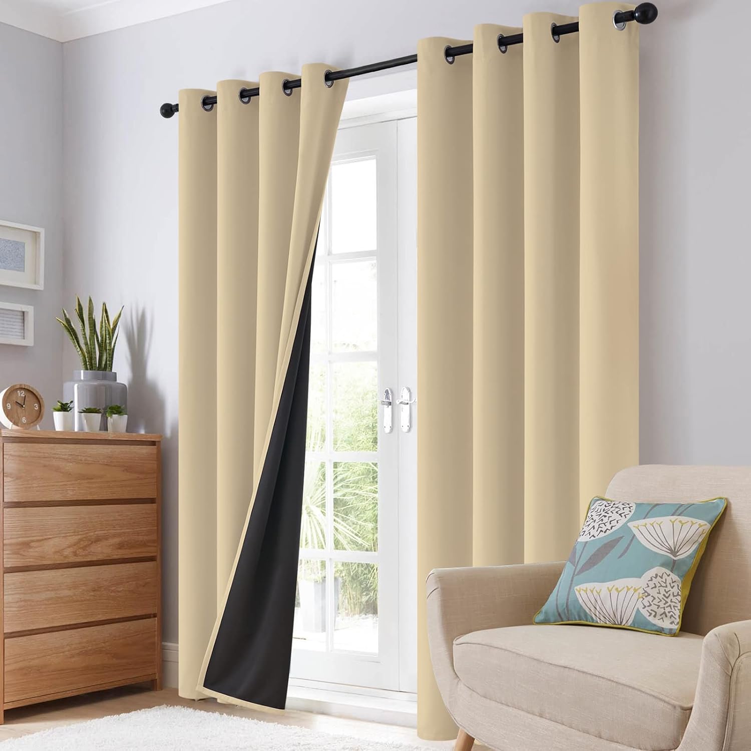 SimpleHome 100% Blackout Curtains for Bedroom, Thermal Insulated Grommet Window Drapes Room Darkening Beige Curtains for Living Room with Bl…