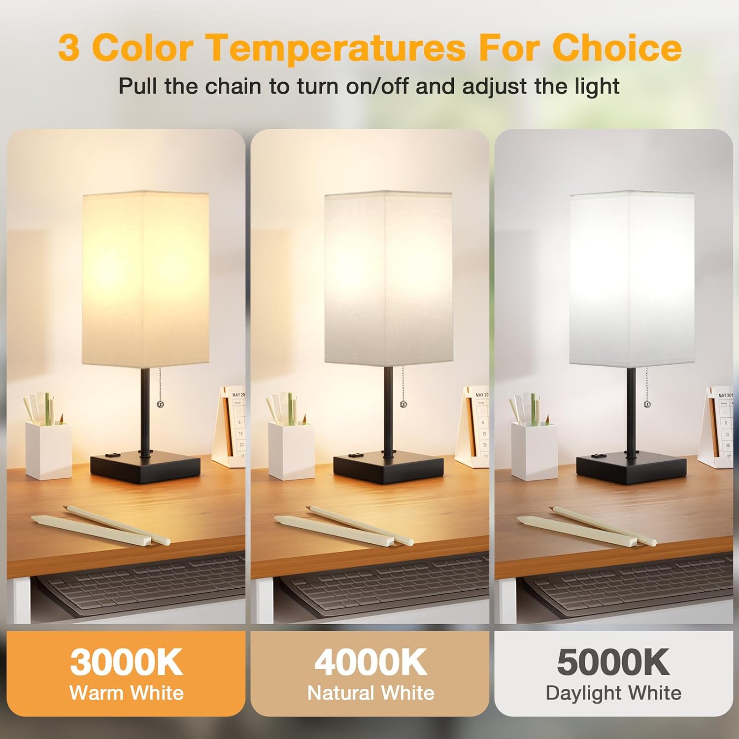 Aooshine White Table Lamp for Bedside - 3 Color Temperature 3000K 5000K 4000K Bedroom Lamp, Pull Chain Control, USB A and C Ports, AC Outle…