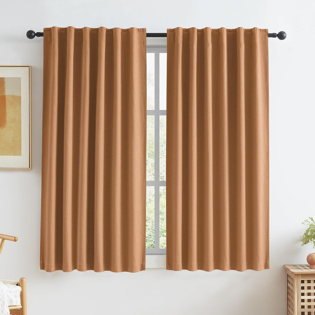 Keqiaosuocai Burnt Orange Blackout Linen Curtains 2 Panels Set 63 Inch Length for Living Room Hook Belt Back Tab Boho Muted Ochre Orange Cu…