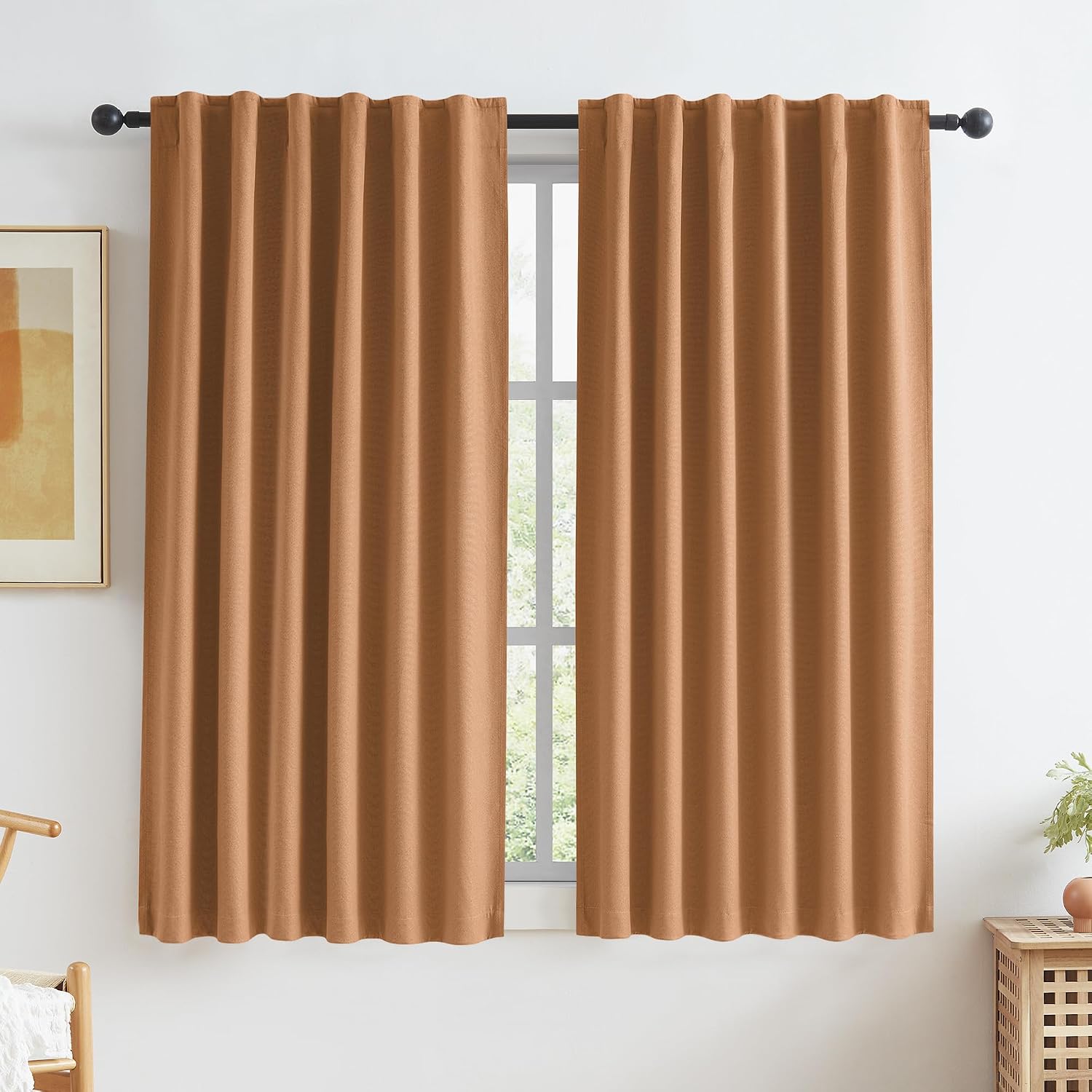 Keqiaosuocai Burnt Orange Blackout Linen Curtains Short 2 Panels Set 45 Inch Length for Living Room Hook Belt Back Tab Boho Muted Ochre Ora…