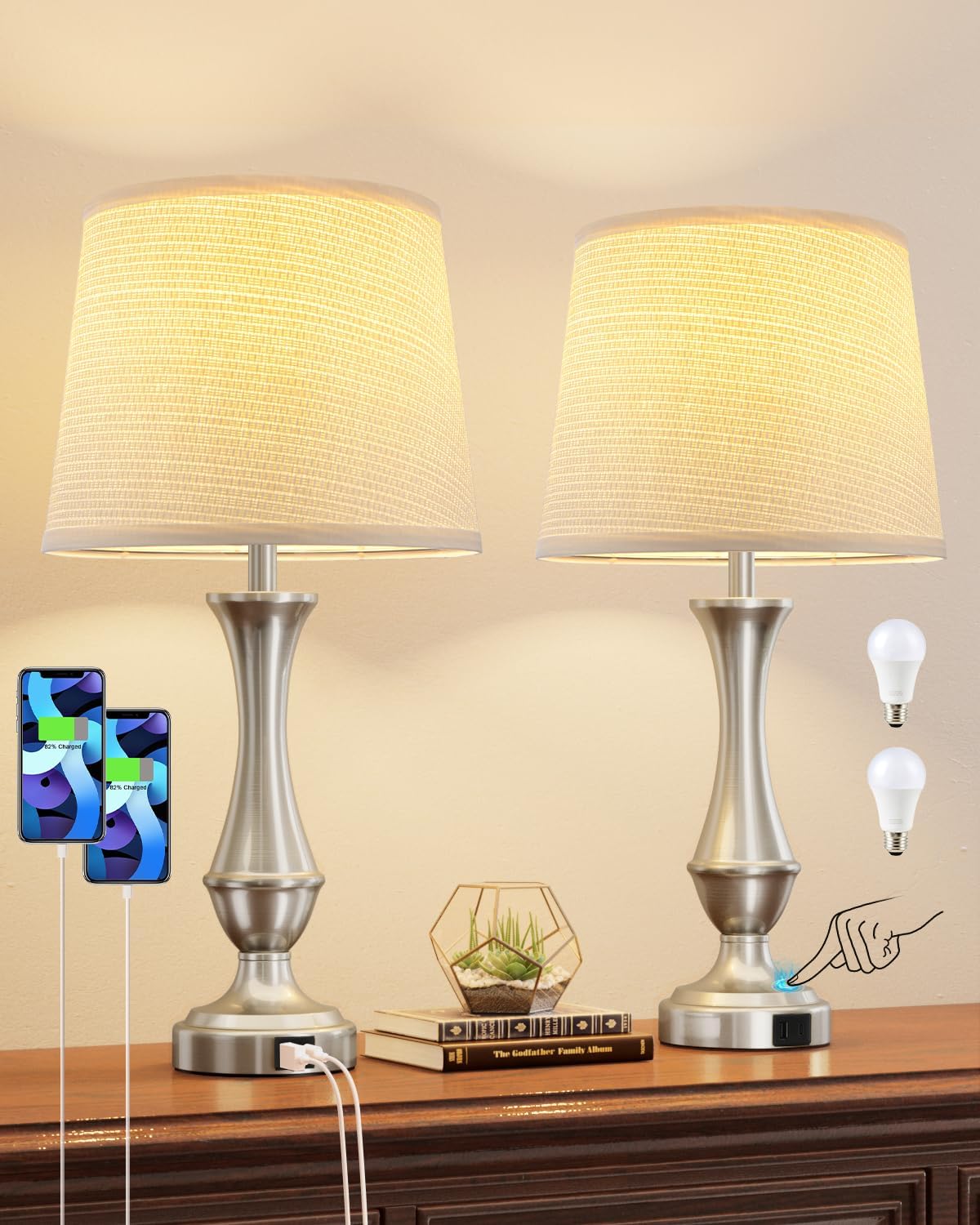 Seealle Upgraded Touch Lamps for Night Stands Set of 2 - Bedside Lamps with USB C+A, 3 Way Dimmable for Bedroom Living Room End Tables…