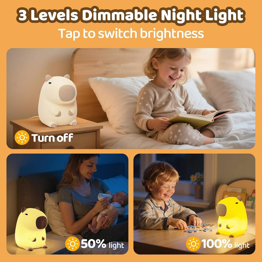 Mewaii Huggwaii Squishy Capybara Night Light for Kids - Soft Silicone Tap-Control Kids Night Light with 2 Brightness Levels & 20-Min Timer,…