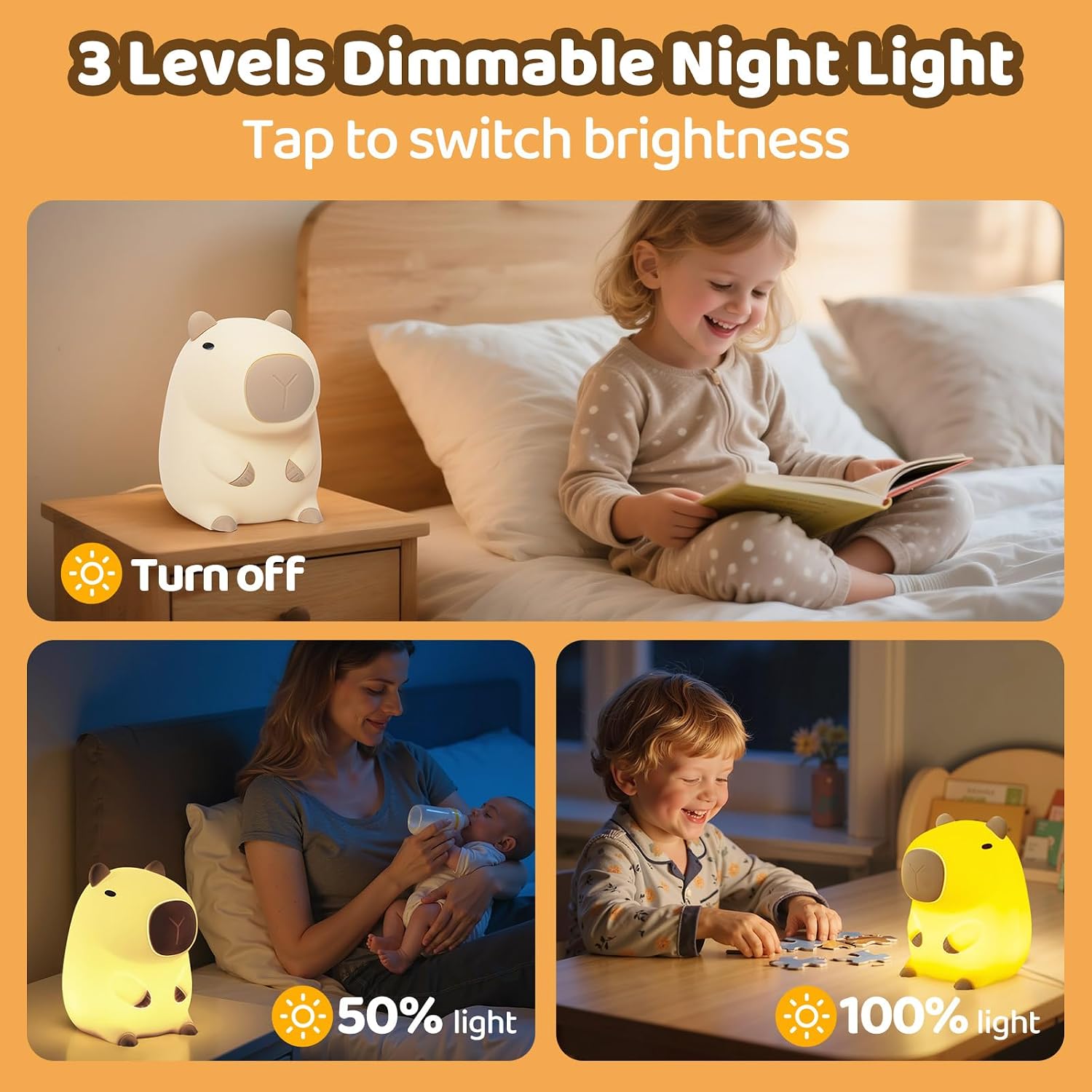 Mewaii Huggwaii Squishy Capybara Night Light for Kids - Soft Silicone Tap-Control Kids Night Light with 2 Brightness Levels & 20-Min Timer,…